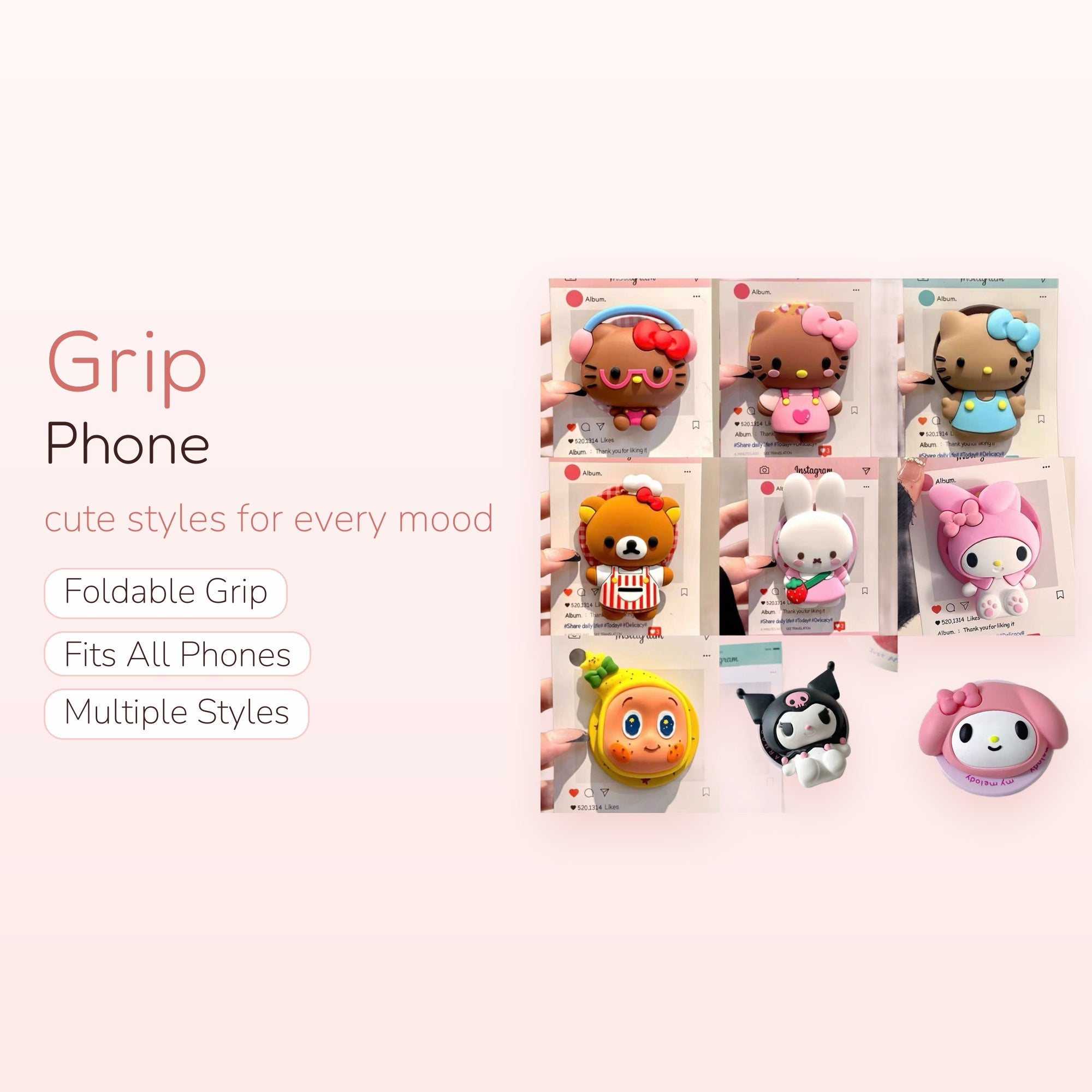 Kawaii Sanrio & Rilakkuma Character Phone Grip | Cute Silicone Pop Socket Stand
