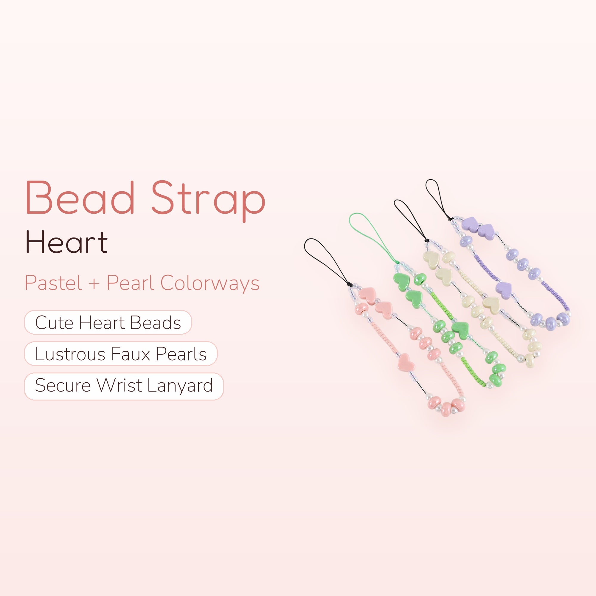 Pastel Heart & Pearl Phone Charm Strap | Cute Beaded Wrist Lanyard