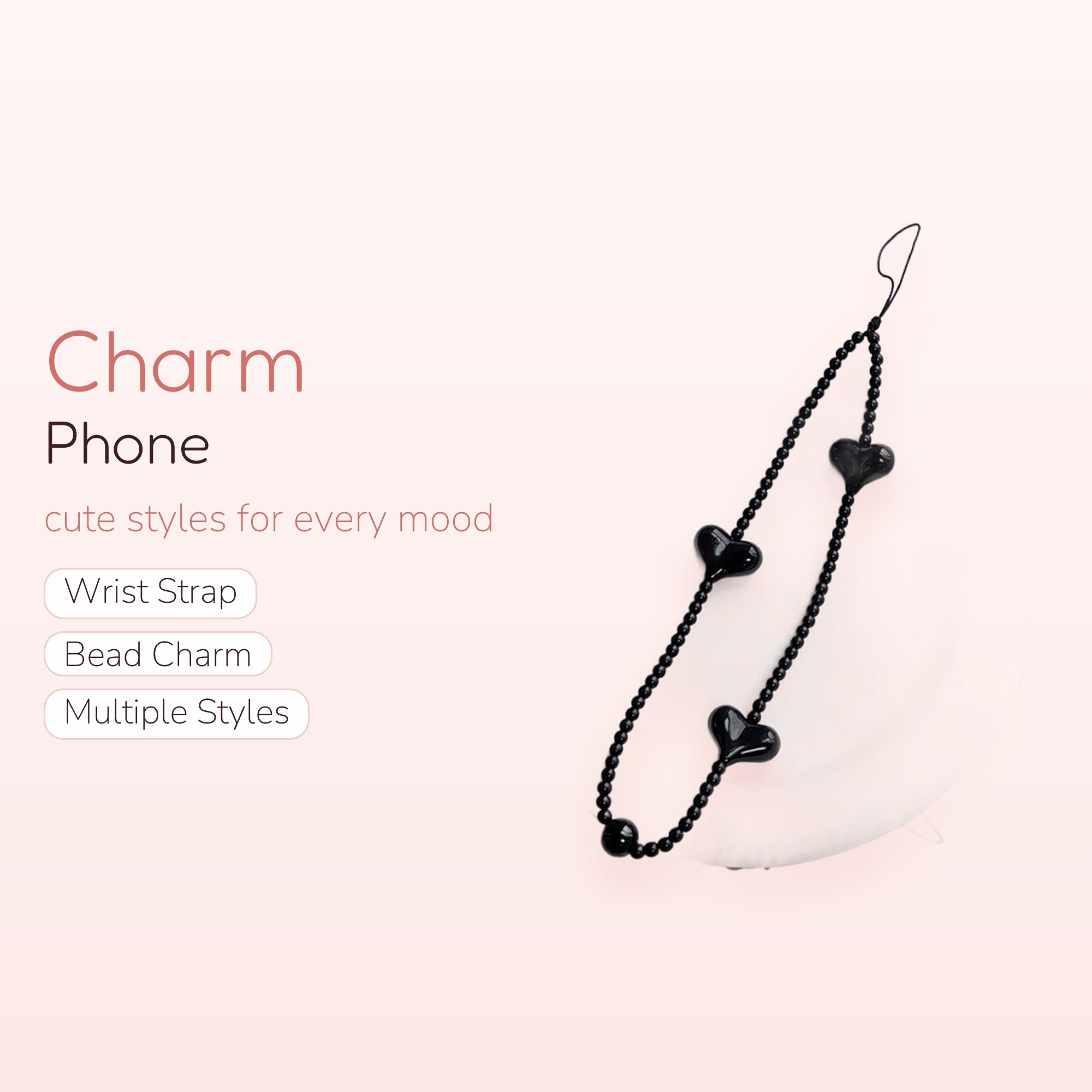Black Beaded Heart Phone Charm | Aesthetic Y2K Phone Strap Lanyard