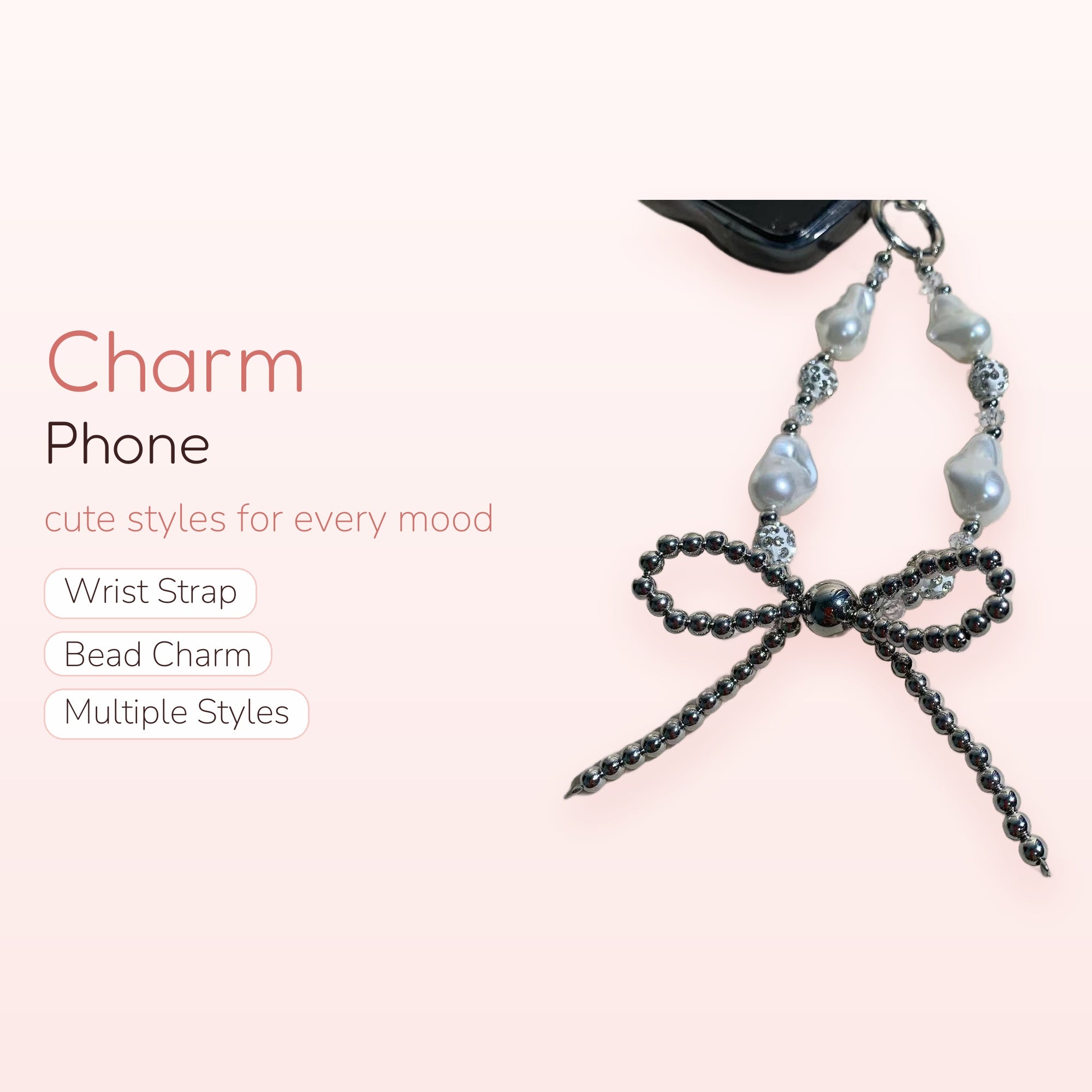Elegant Baroque Pearl & Silver Beaded Phone Charm | Aesthetic Bow Wrist Strap