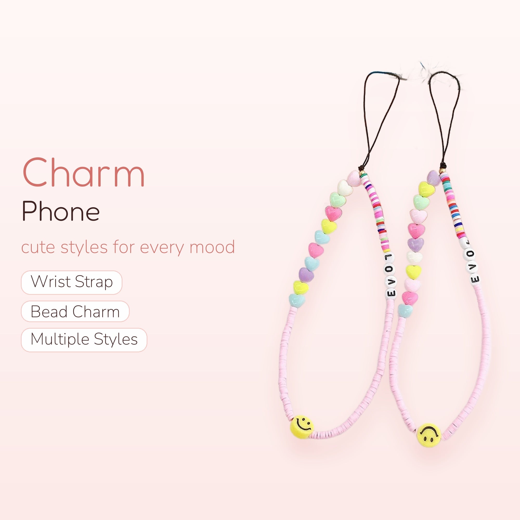 Pastel Heart & Smiley Face Phone Charm | Y2K Beaded Wrist Lanyard