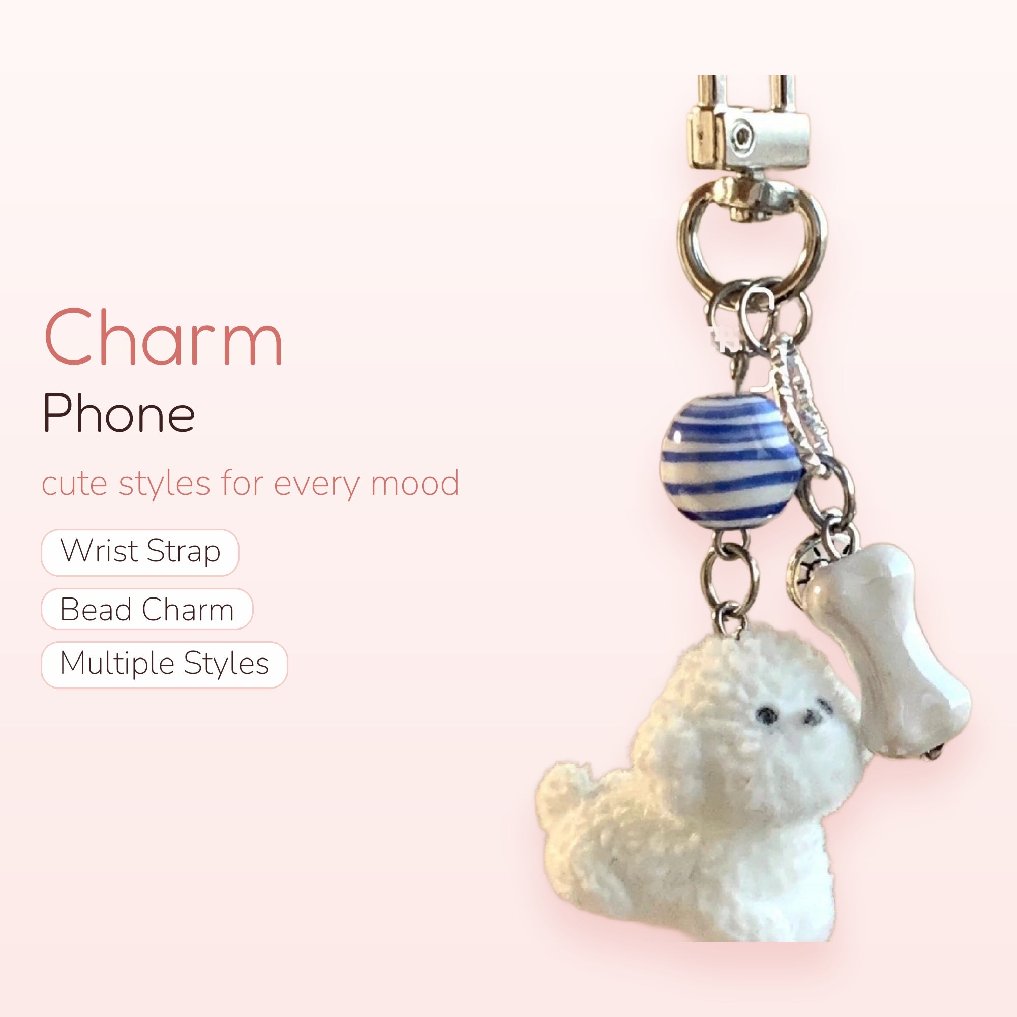 Cute White Poodle & Bone Phone Charm | Blue Striped Bead Keychain