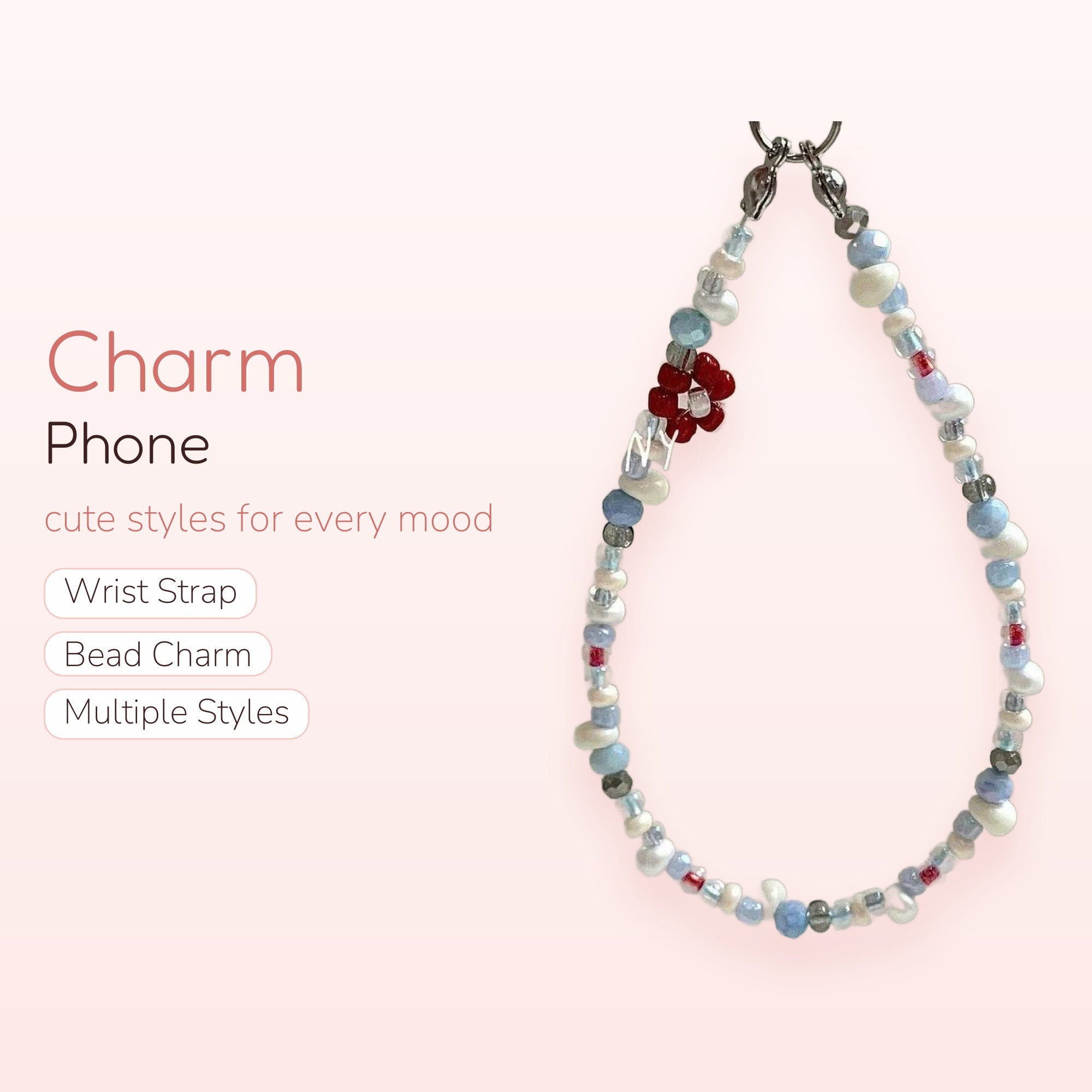 Pastel Beaded Phone Charm Strap with Red Flower | Aesthetic Beaded Wrist Lanyard