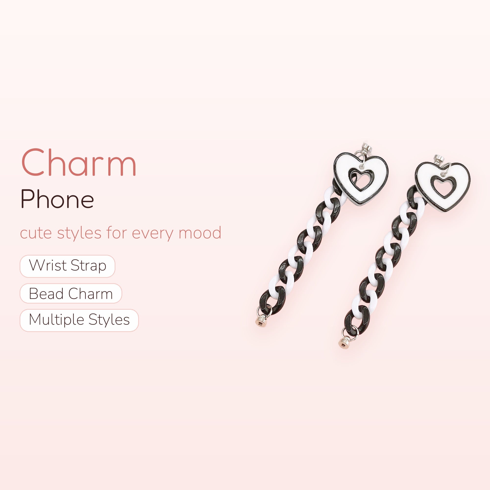 Aesthetic Black & White Heart Chain Phone Charm | Y2K Acrylic Strap Lanyard
