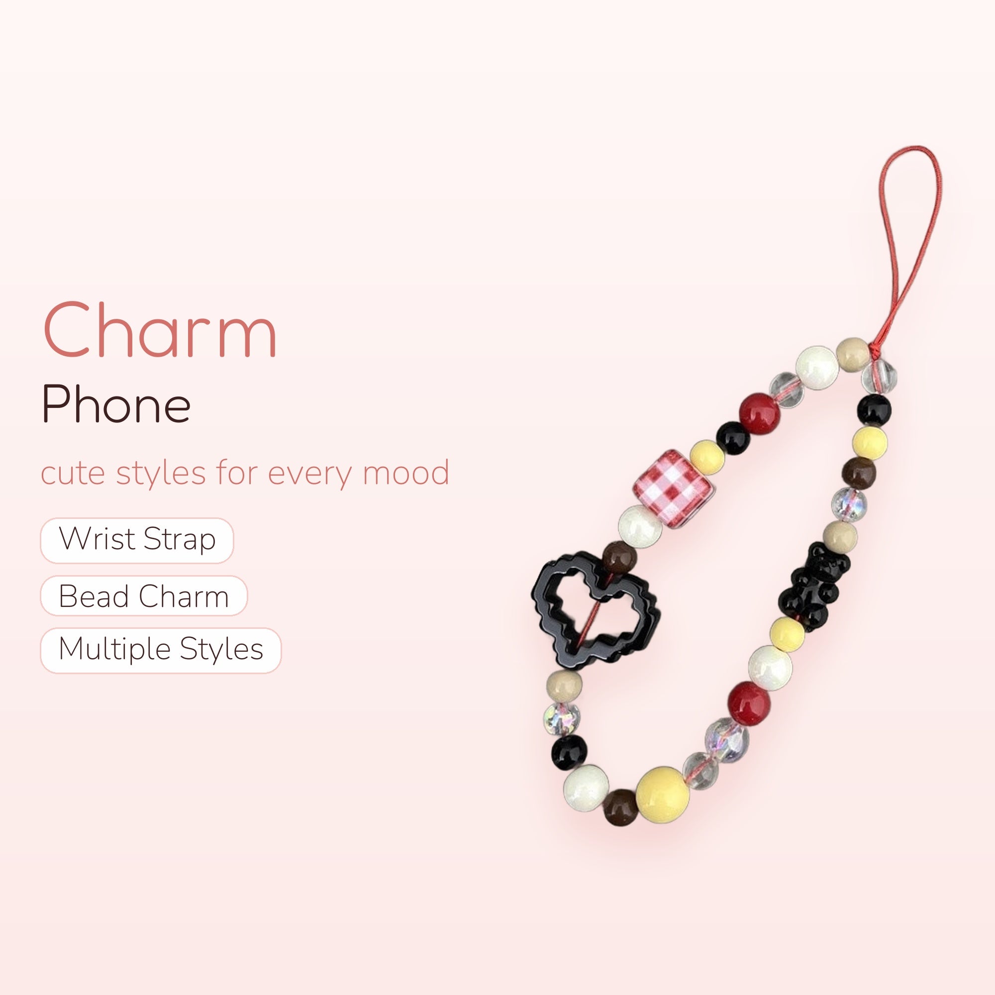Cute Gingham Heart Bear Phone Charm | Red Black White Beaded Wrist Strap