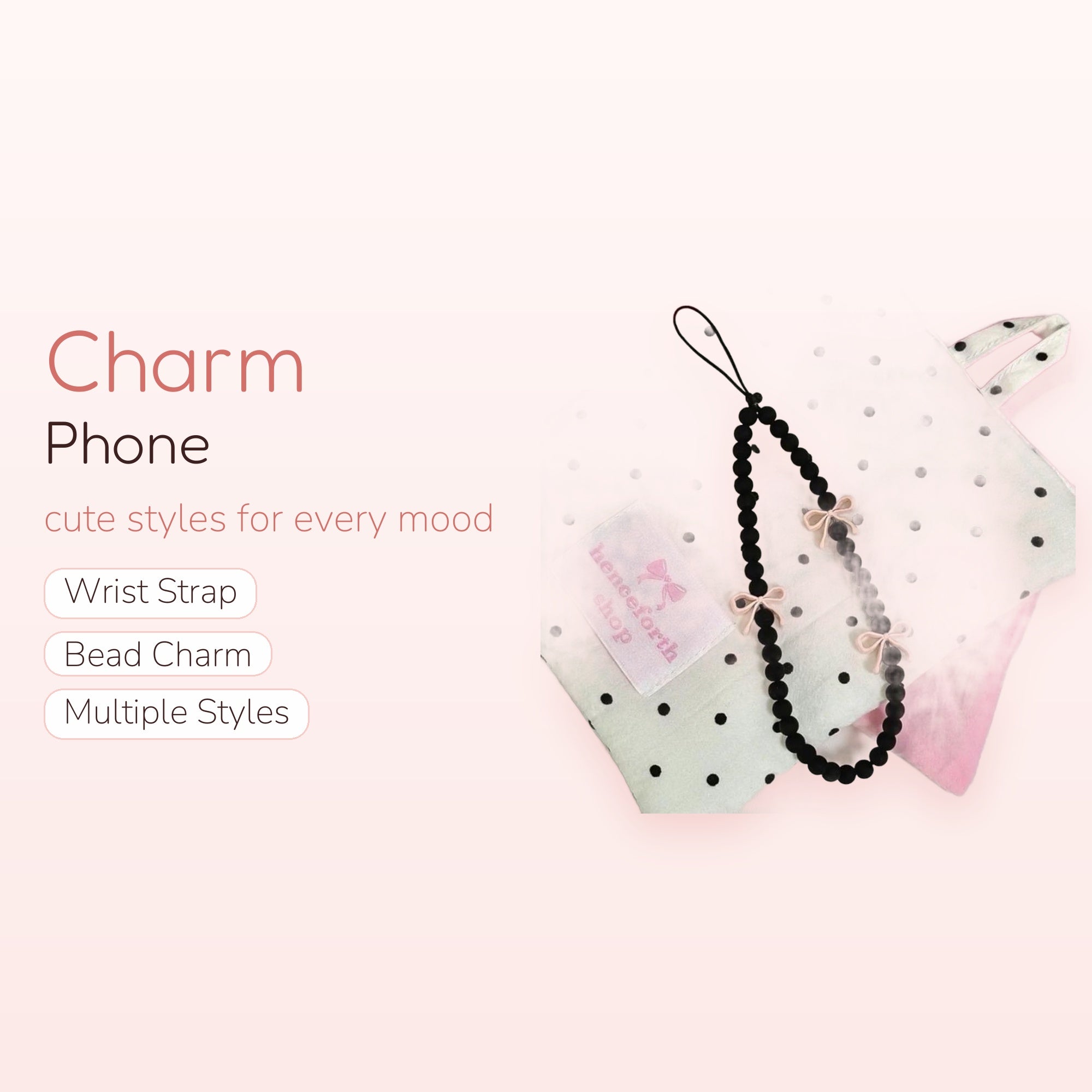 Black Beaded Phone Charm Strap with Pink Bows | Cute Polka Dot Wrist Lanyard