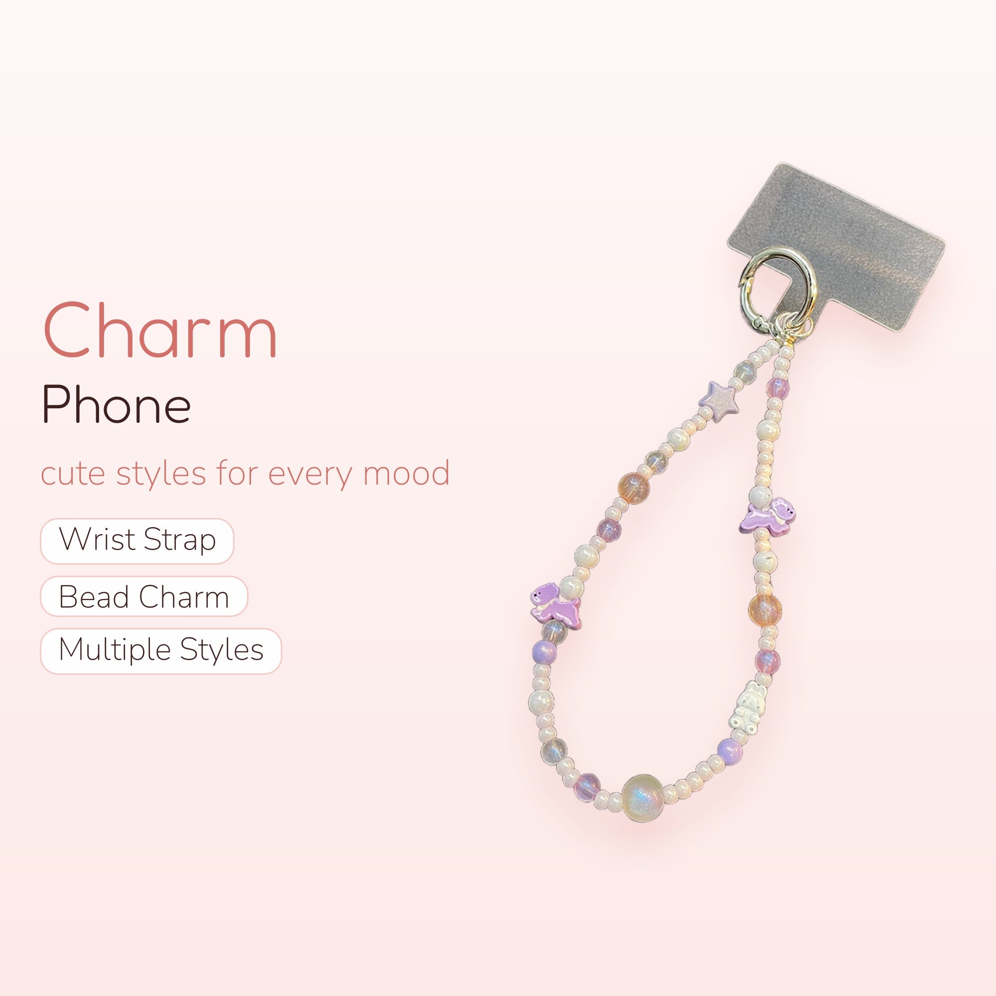 Kawaii Pastel Beaded Phone Charm Strap | Cute Purple Unicorn & Star Wrist Lanyard