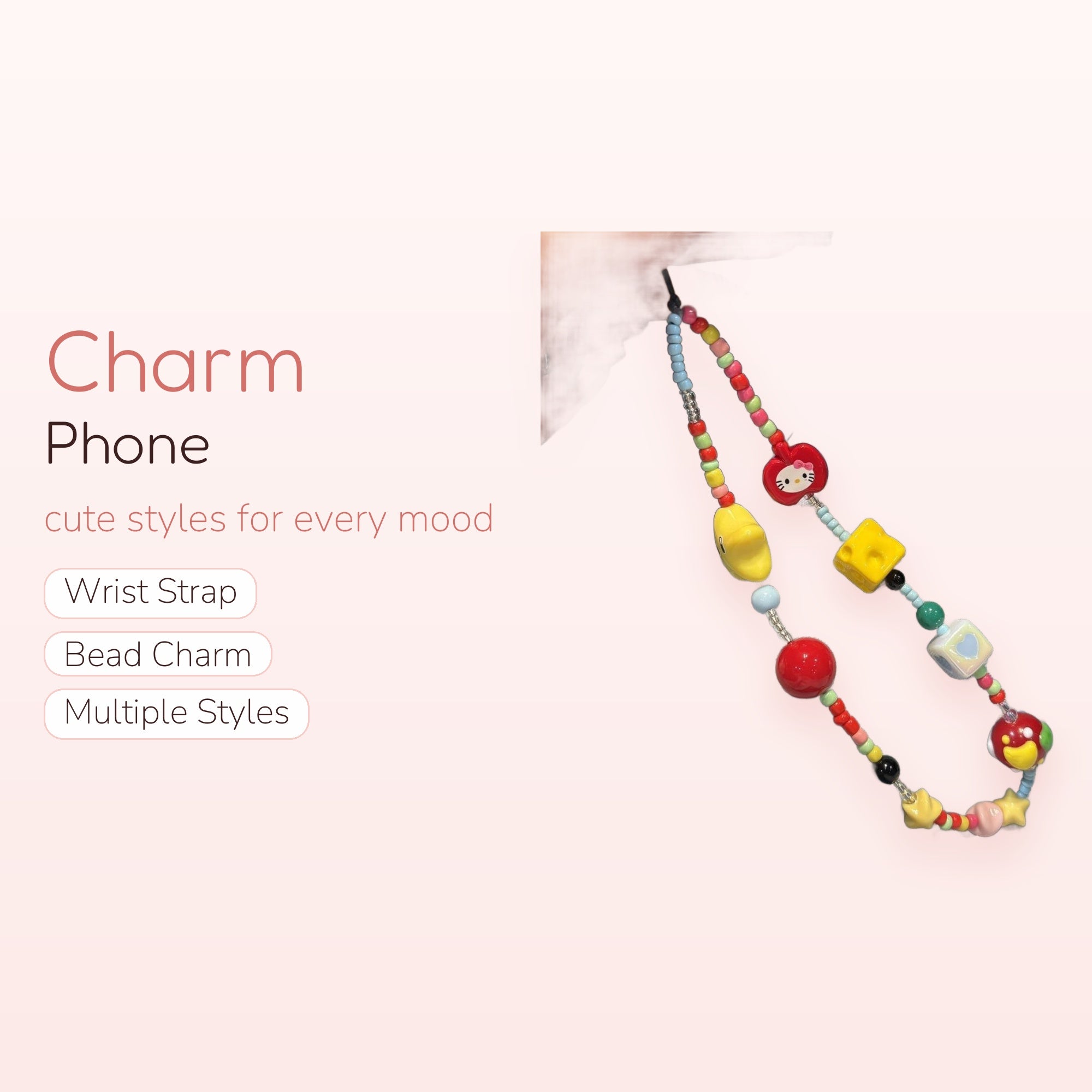 Kawaii Beaded Hello Kitty & Fruit Phone Charm | Y2K Aesthetic Wrist Strap