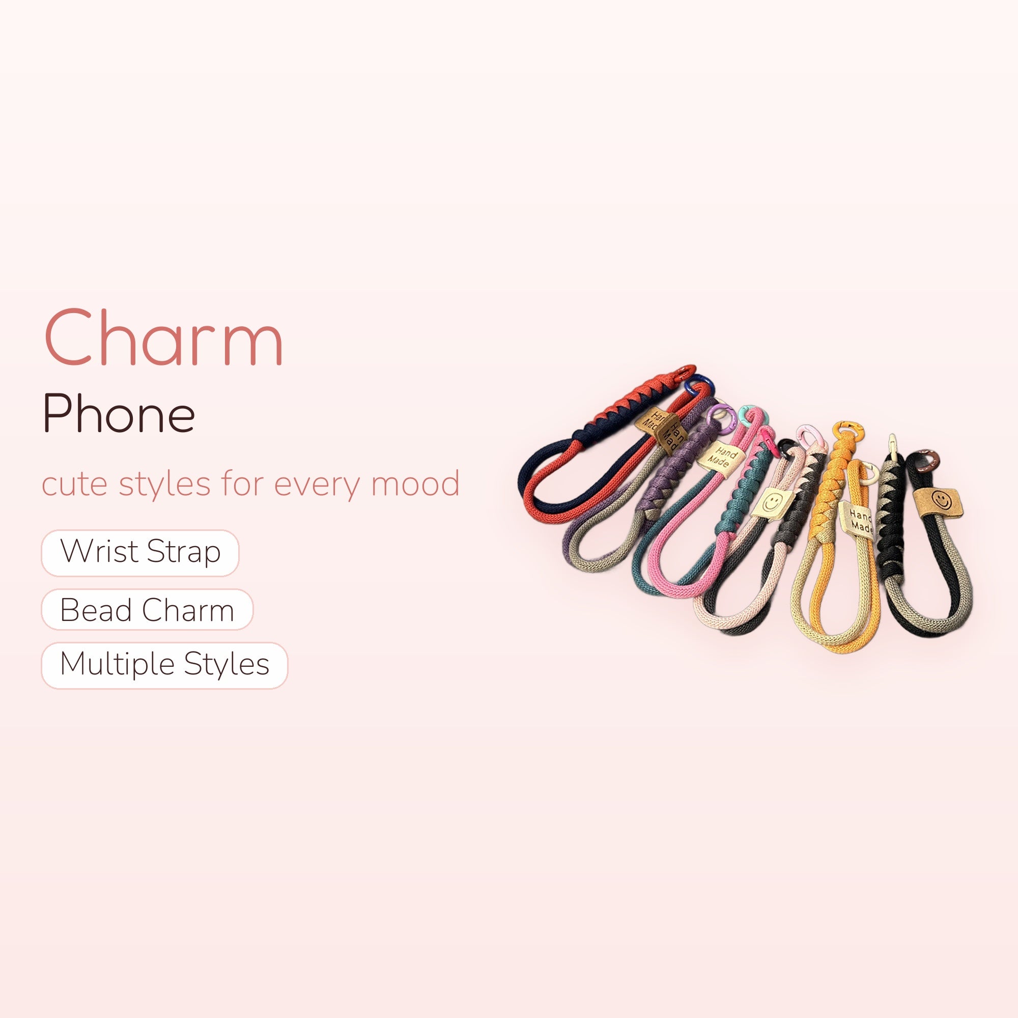 Braided Paracord Phone Charm Strap | Handmade Wrist Lanyard with Smiley Face Tag