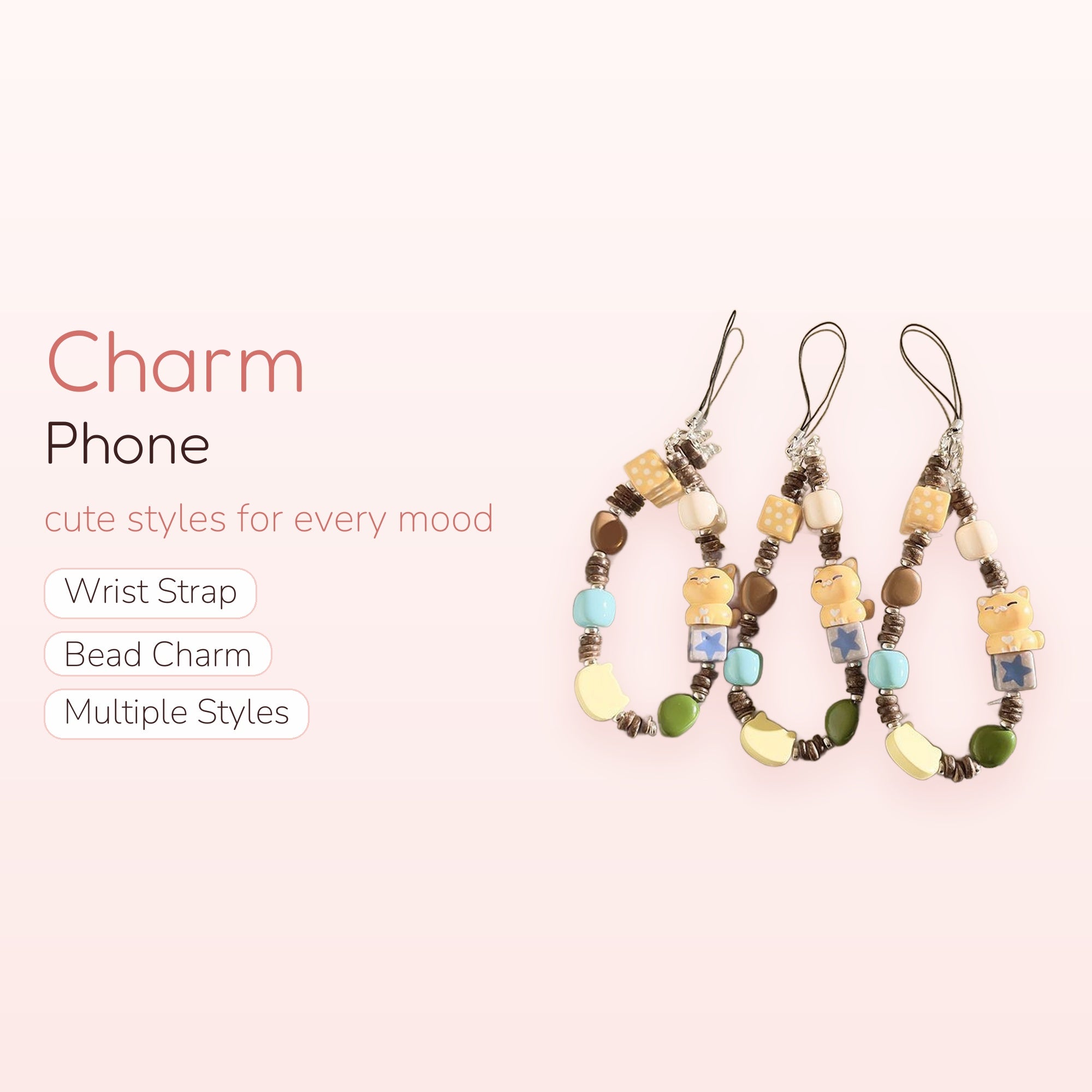 Cute Cat & Star Beaded Phone Charm Strap | Pastel Aesthetic Wrist Lanyard