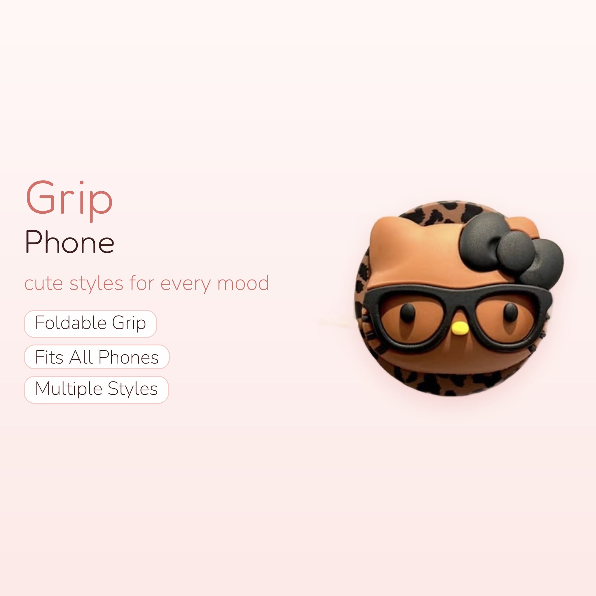 Cute Hello Kitty Leopard Print Phone Grip | Kawaii Brown Pop Socket Stand with Glasses