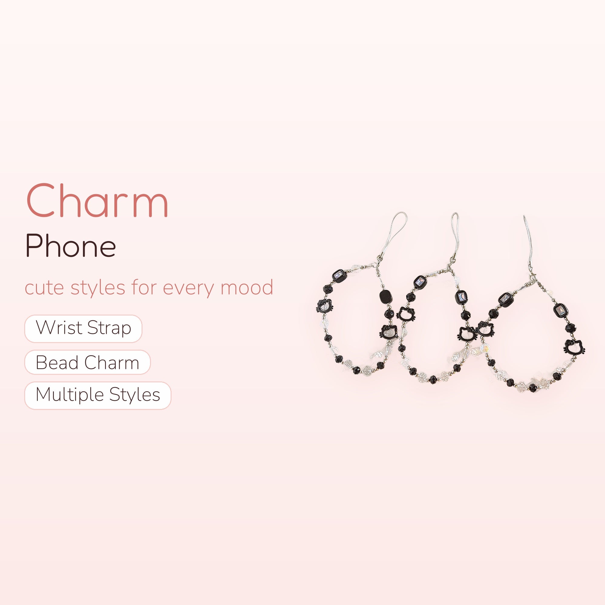 Black & Clear Hello Kitty Beaded Phone Charm | Y2K Aesthetic Wrist Strap