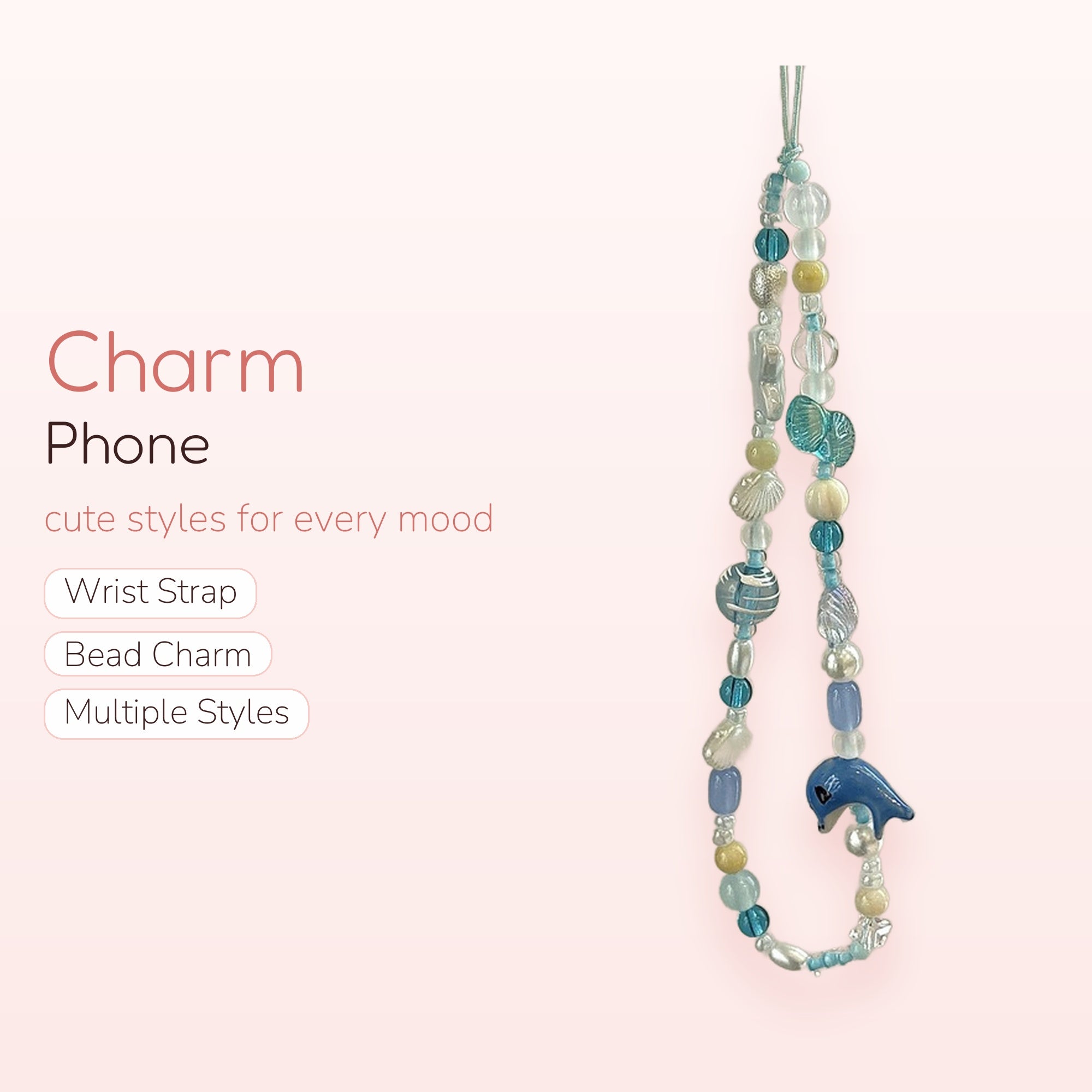Oceanic Blue Beaded Phone Charm Strap | Cute Dolphin & Seashell Wrist Lanyard