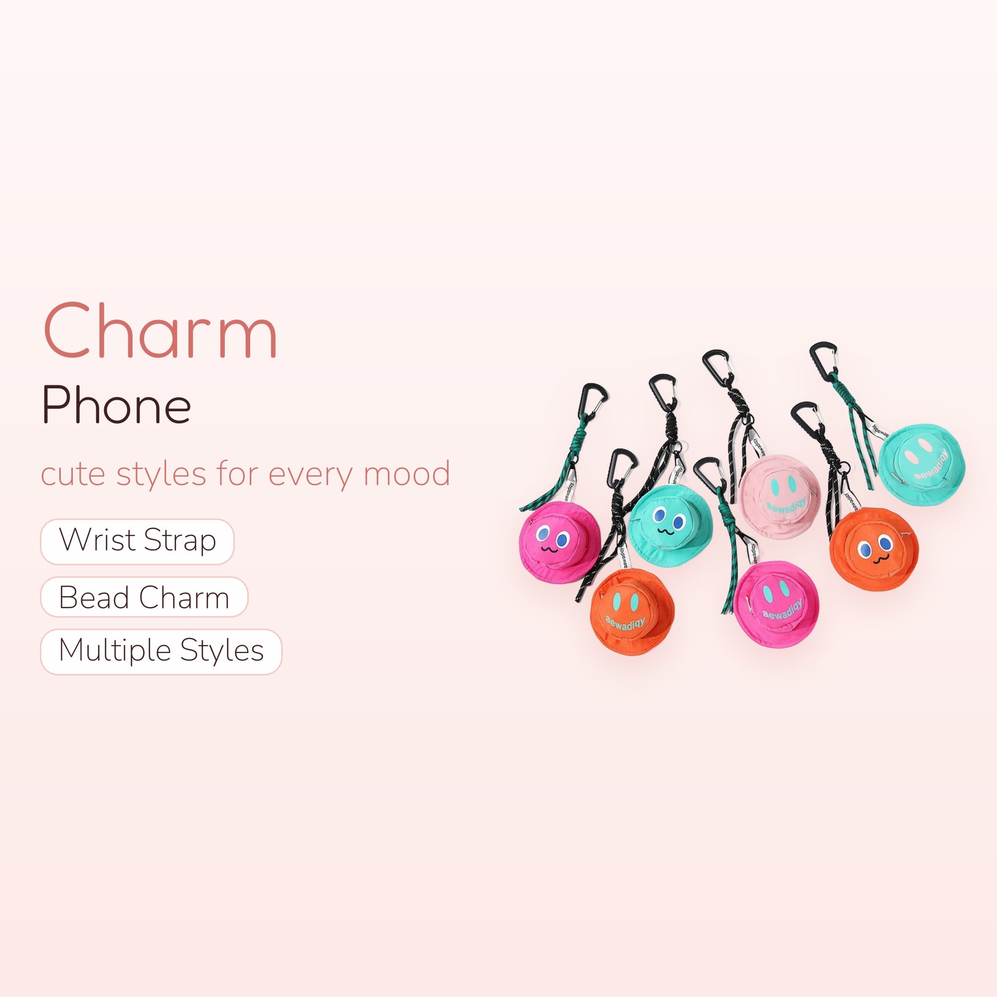 Kawaii Bucket Hat Smiley Face Phone Charm | Cute Mini Pouch Keychain