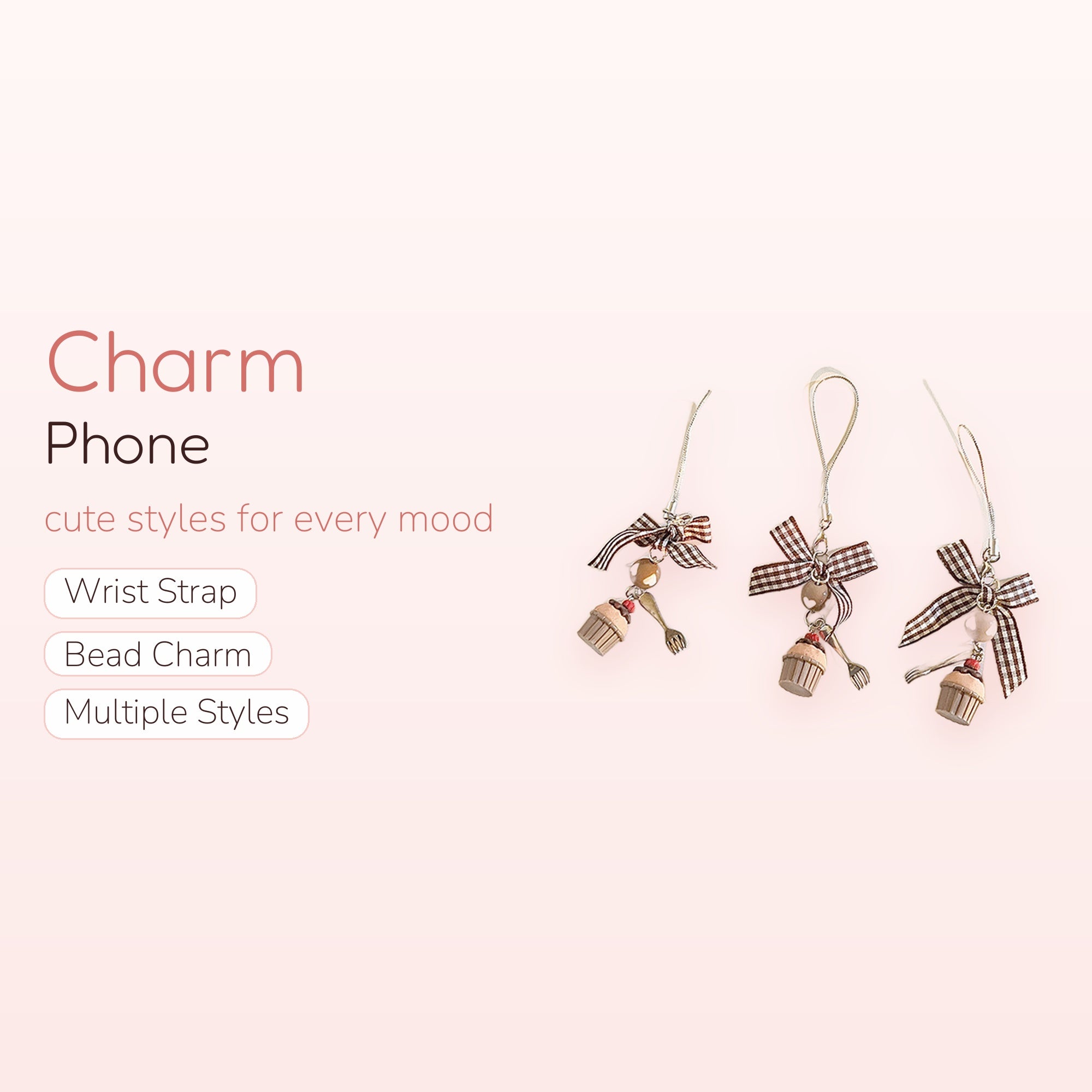 Cute Cupcake & Fork Phone Charm | Aesthetic Plaid Bow Wrist Strap