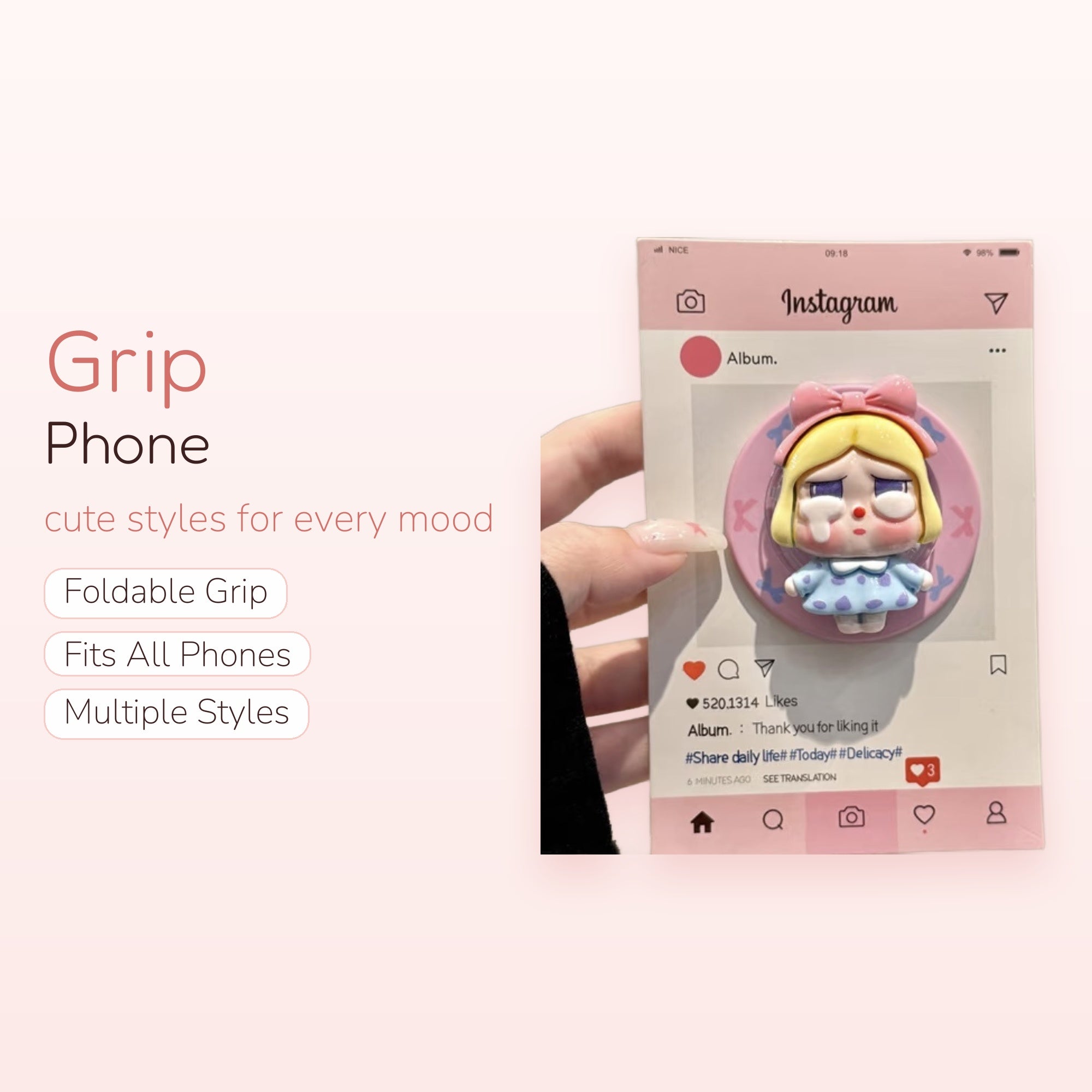 SIMPLYBUBBI — Sad Bow Girl Phone Grip | Pink Instagram Frame Pop Socket