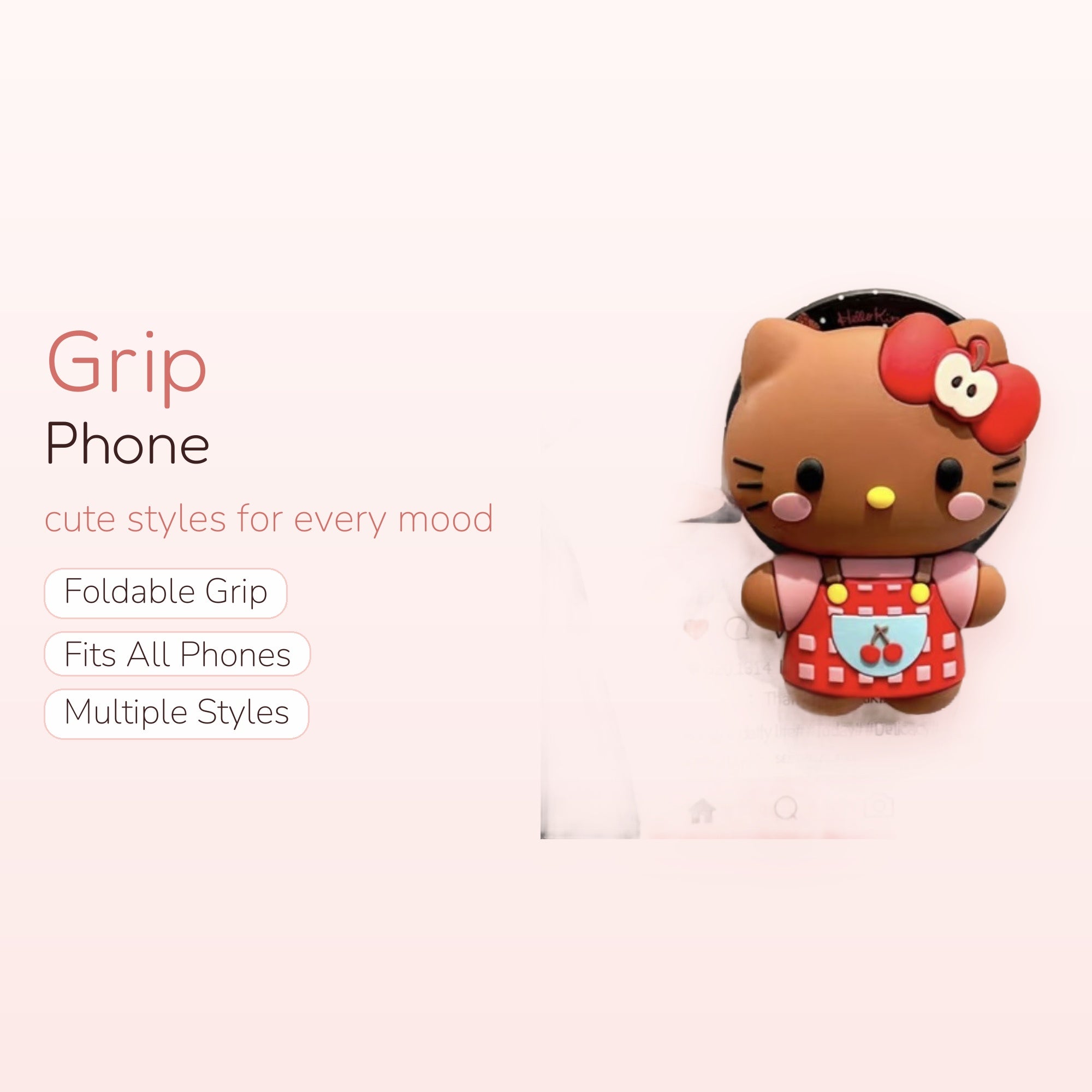 Cute Brown Hello Kitty Phone Grip | Kawaii Apple Bow Pop Socket Stand