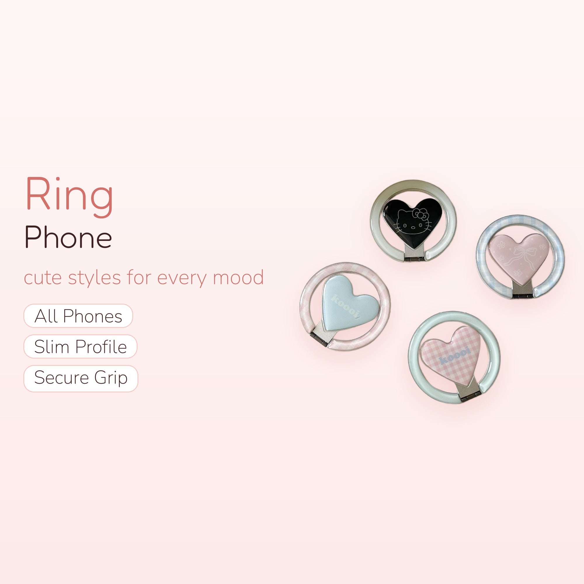 Kawaii Heart Phone Ring Grip | Pastel Hello Kitty & Gingham Finger Holder Kickstand