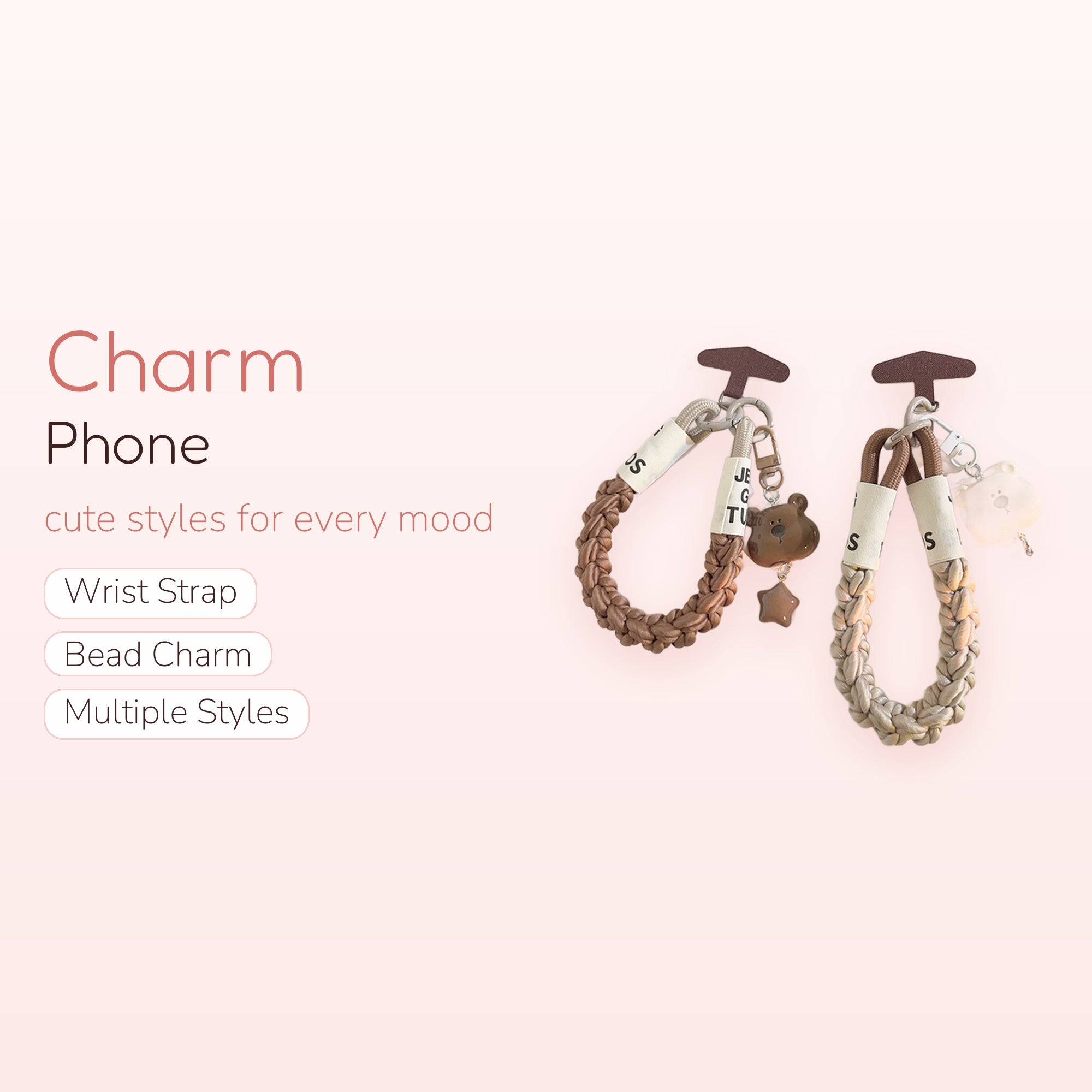 Cute Braided Wrist Phone Charm Straps | Kawaii Bear & Star Keychain Lanyards