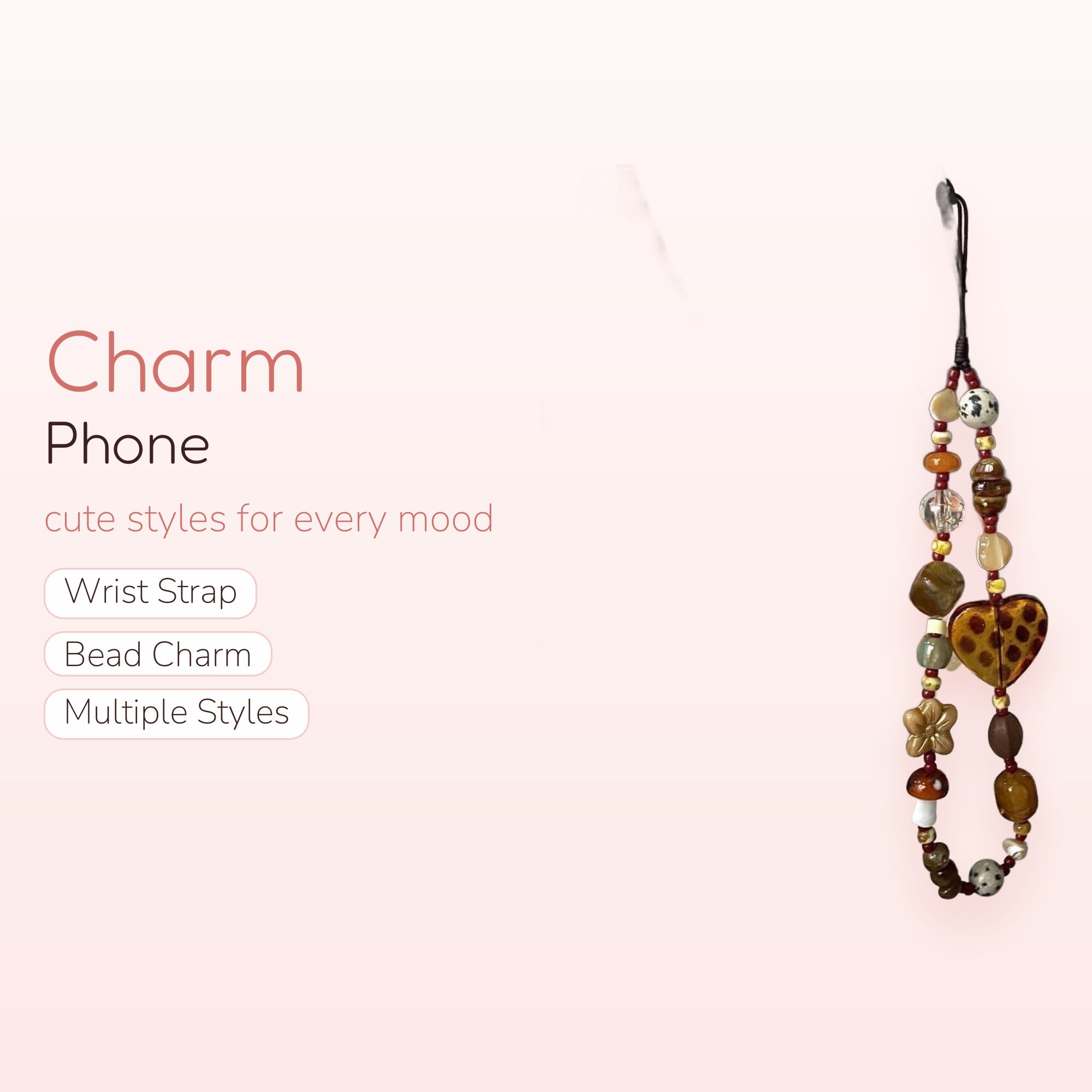 Aesthetic Beaded Phone Charm Strap | Earthy Toned Heart & Flower Wrist Lanyard