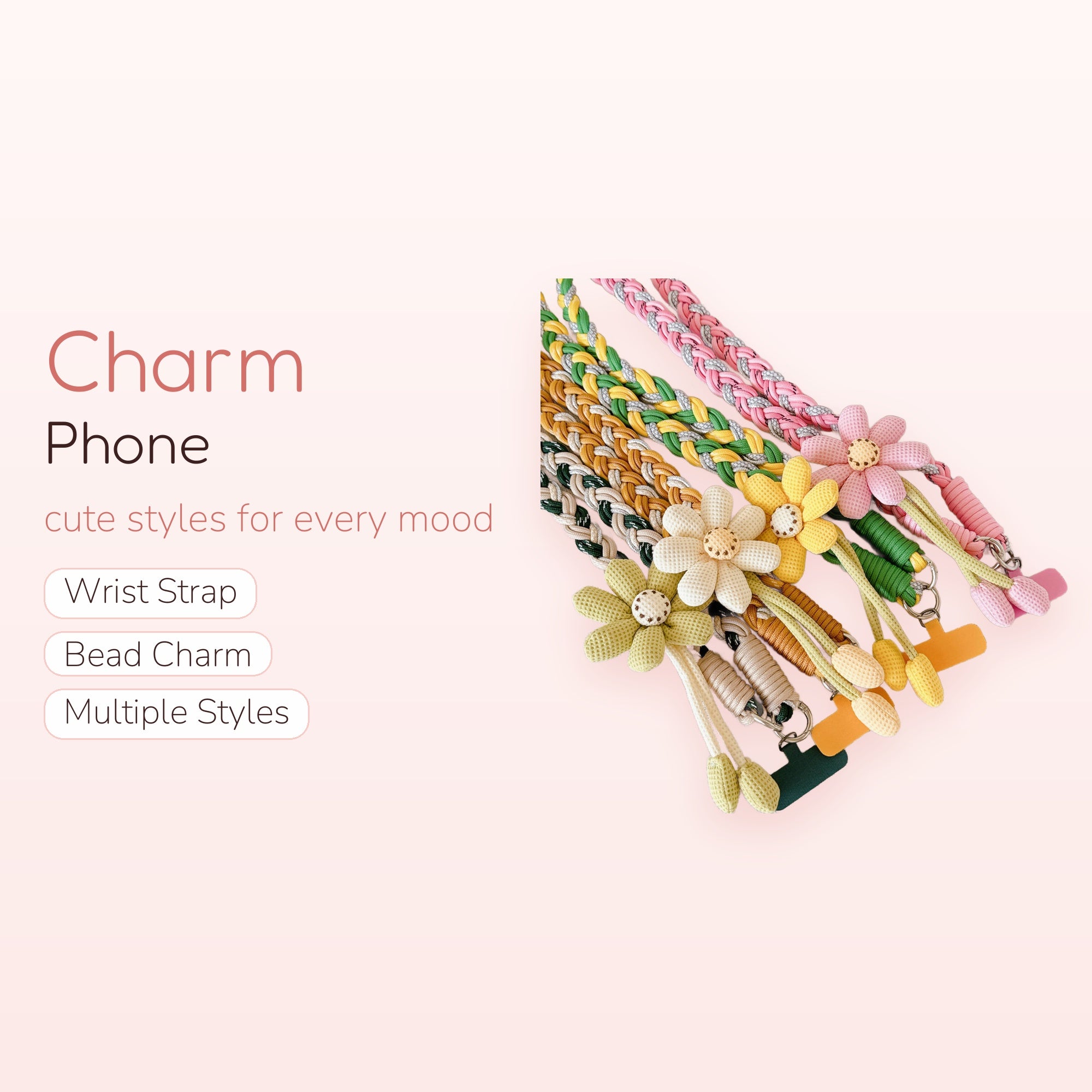 Braided Daisy Flower Phone Charm Lanyard | Cute Woven Wrist Strap with Flower Pendants