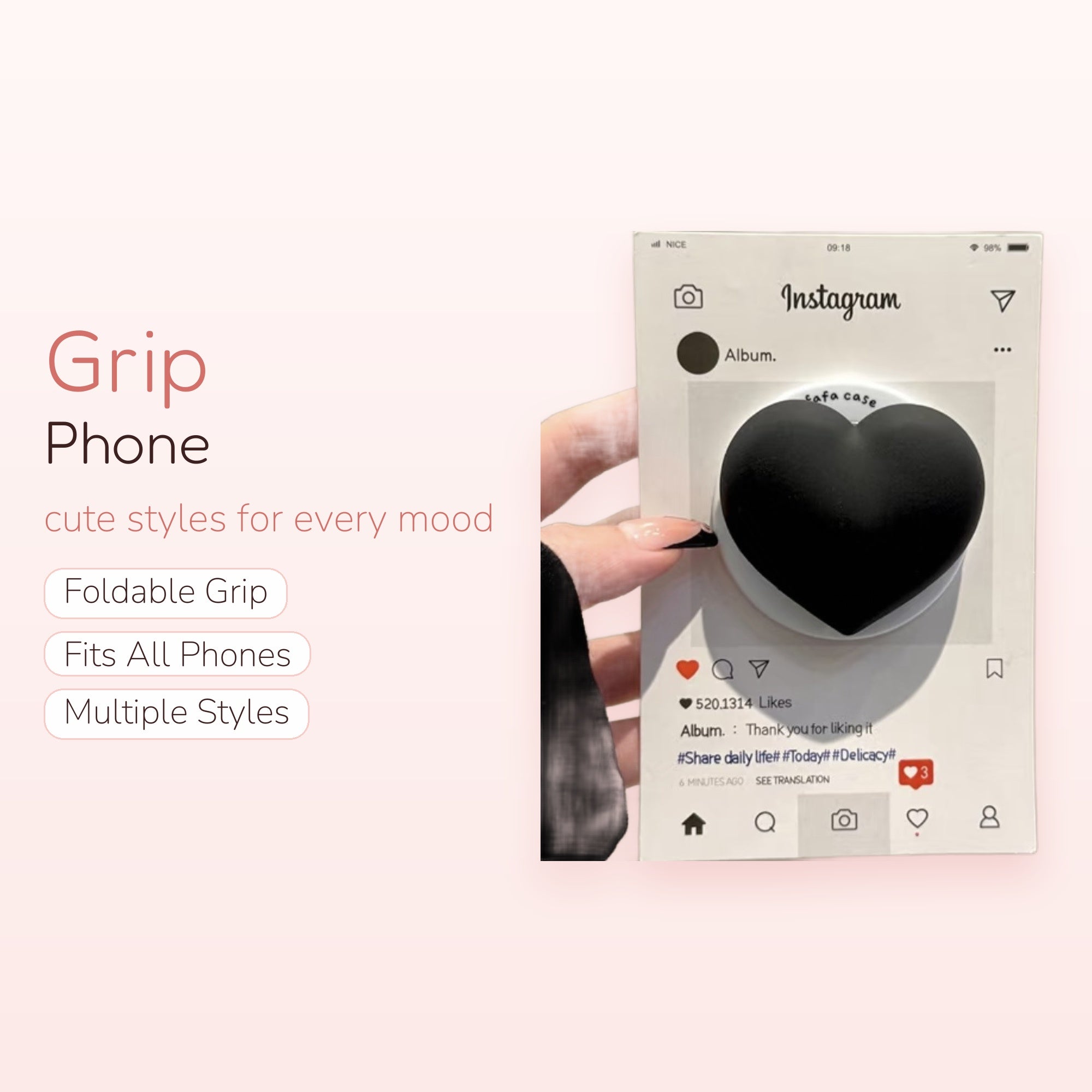 Black Heart Instagram Phone Grip | Aesthetic Pop Socket Stand
