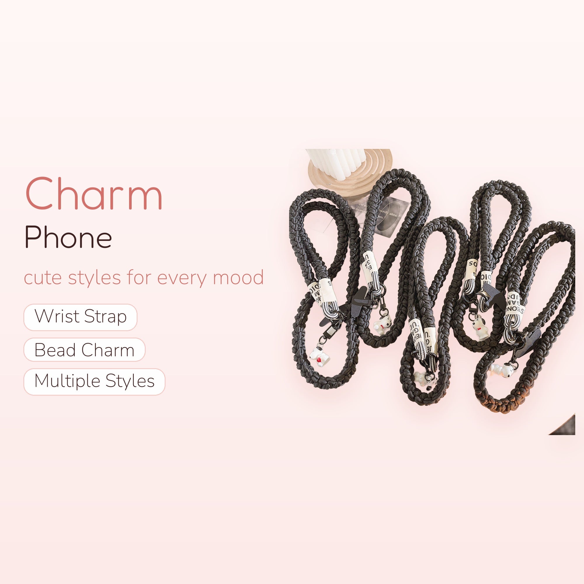 Braided Black Rope Phone Charm Lanyard | Cute Puppy Charm Crossbody Strap