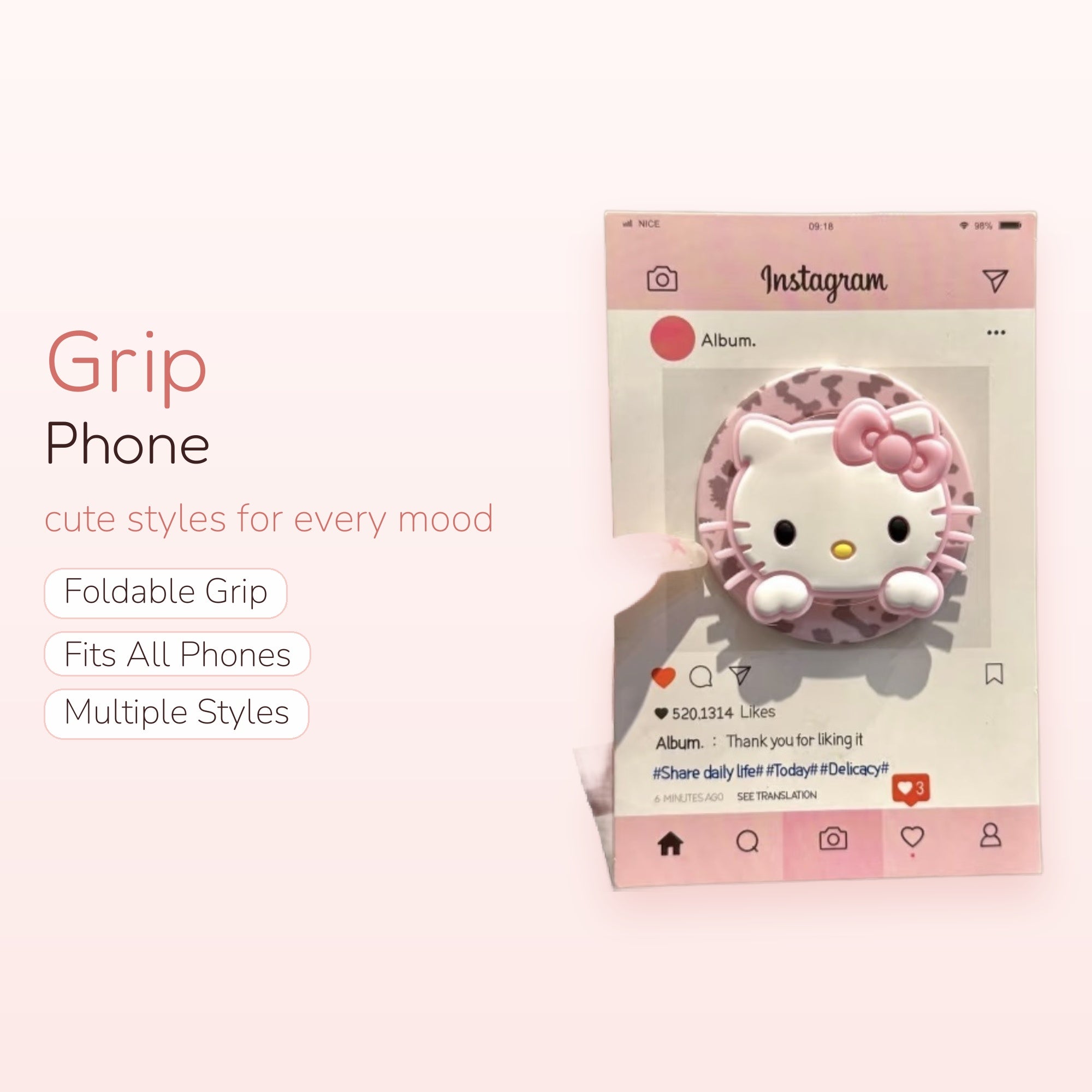 Pink Hello Kitty Leopard Print Phone Grip | Kawaii Pop Socket Stand