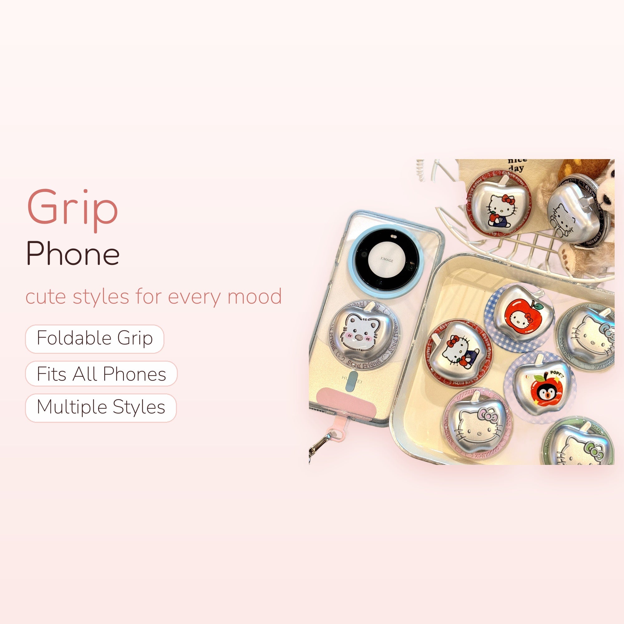 Kawaii Hello Kitty Apple Phone Grip | Silver Cartoon Pop Socket Stand