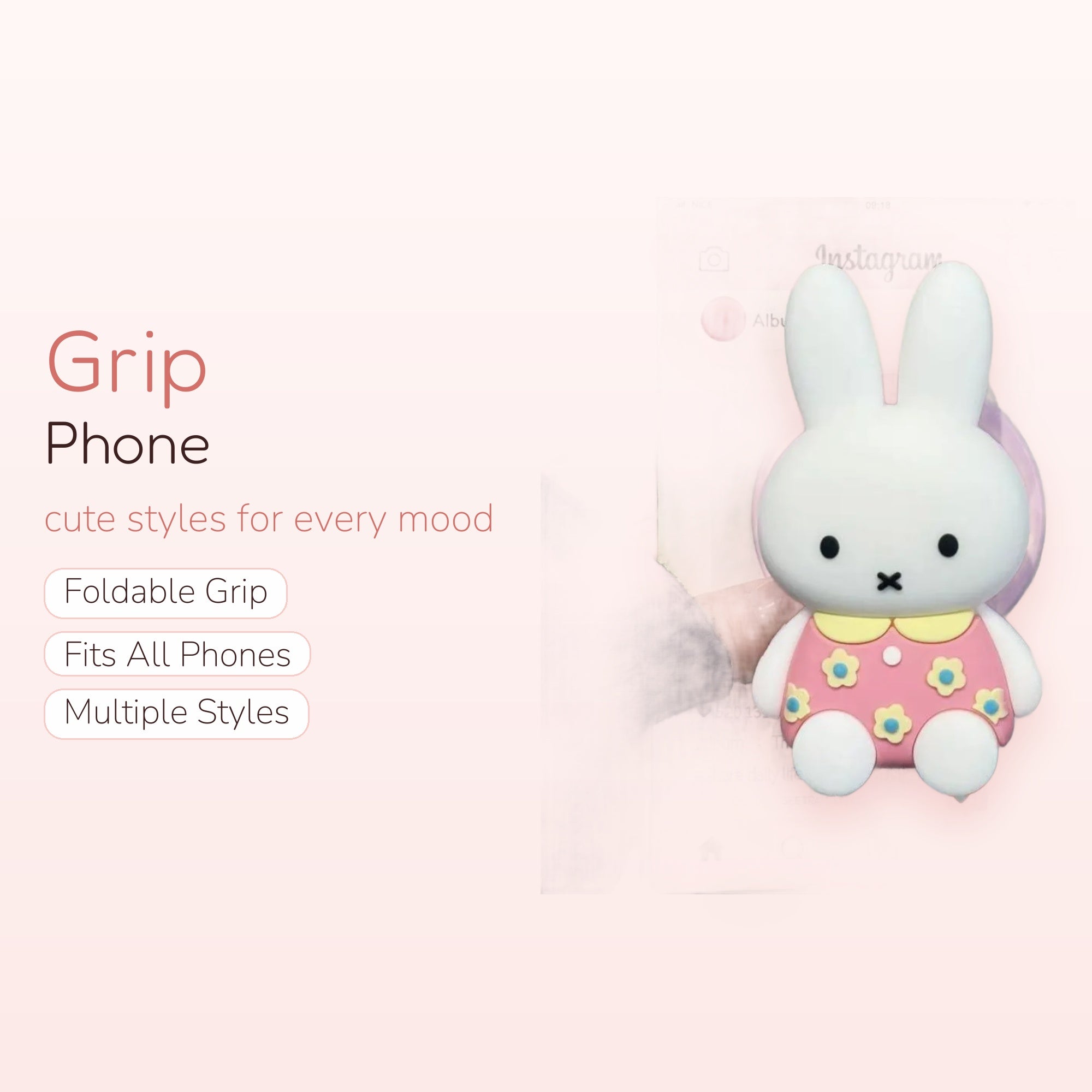 Cute Miffy Bunny Phone Grip | Pink Floral Dress Pop Socket Stand
