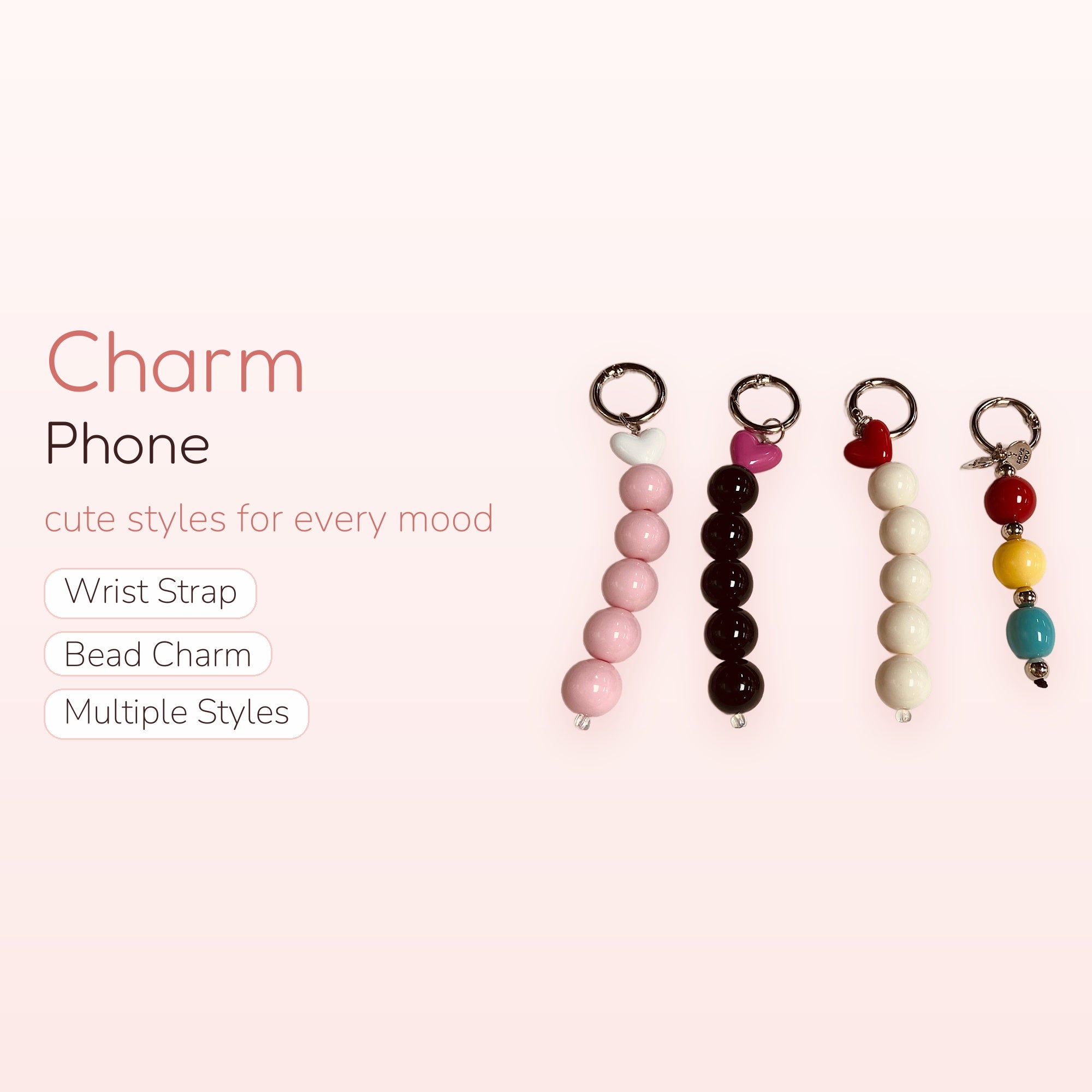 Cute Heart & Bubble Bead Phone Charm | Aesthetic Pastel & Rainbow Beaded Wrist Strap