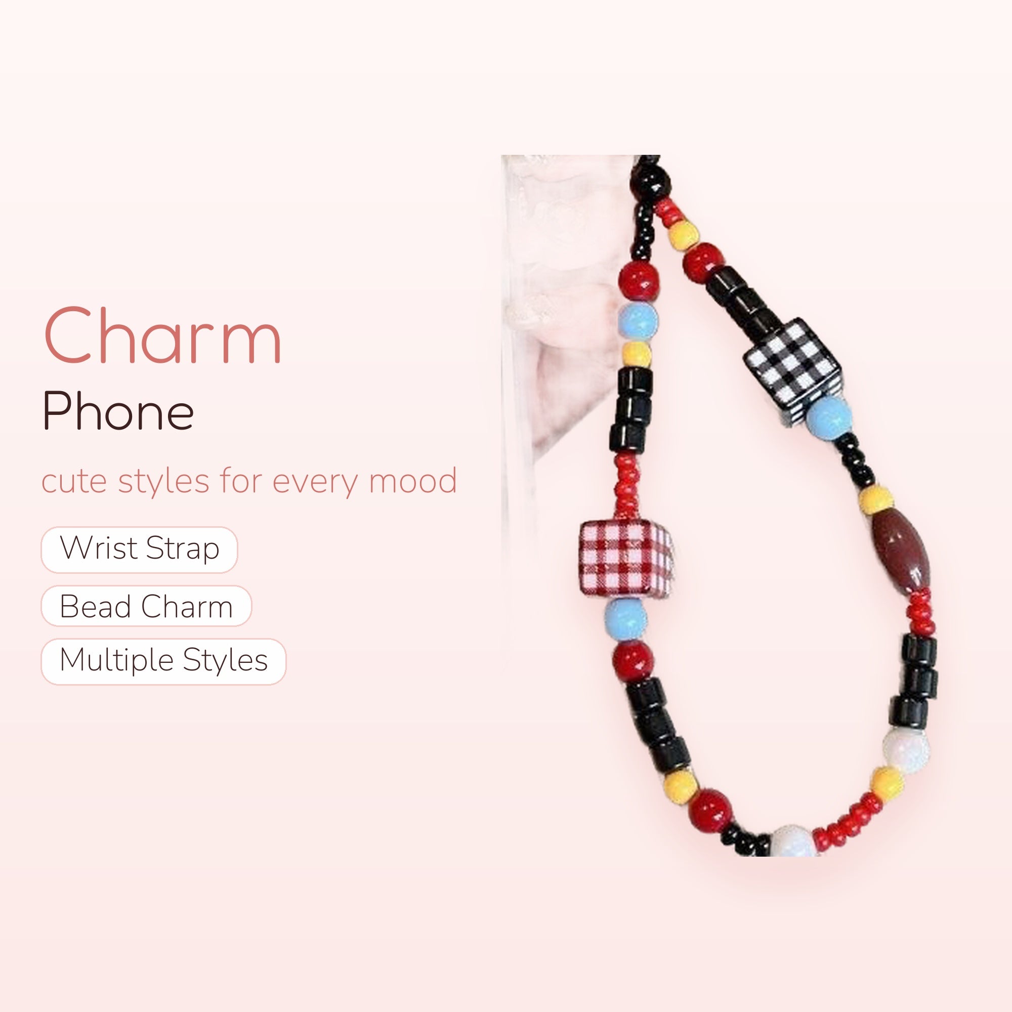 Y2K Checkered Cube & Beaded Phone Charm | Aesthetic Red Black Yellow Wrist Strap