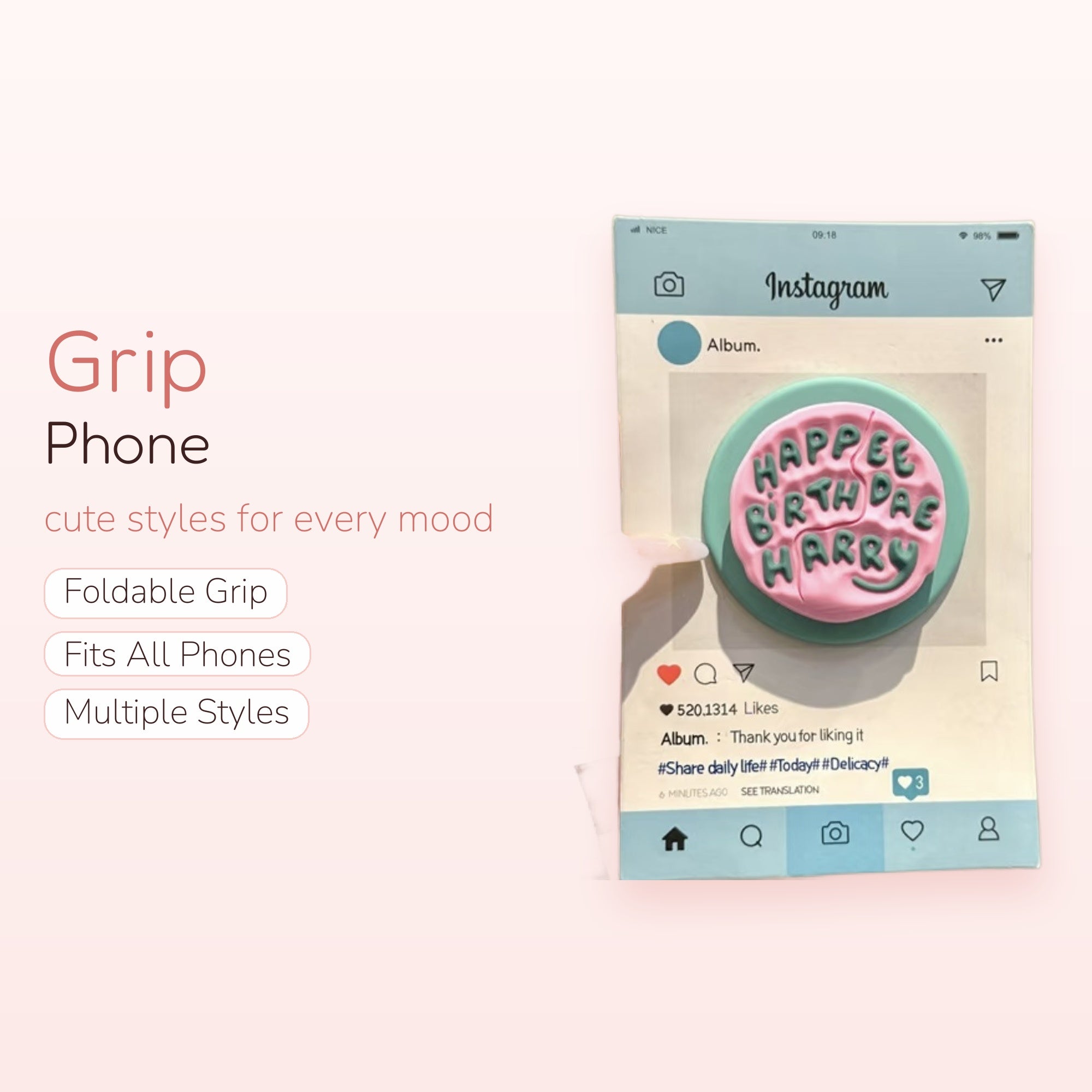 Kawaii Instagram Post Birthday Cake Phone Grip | Cute Pink & Green Pop Socket Stand