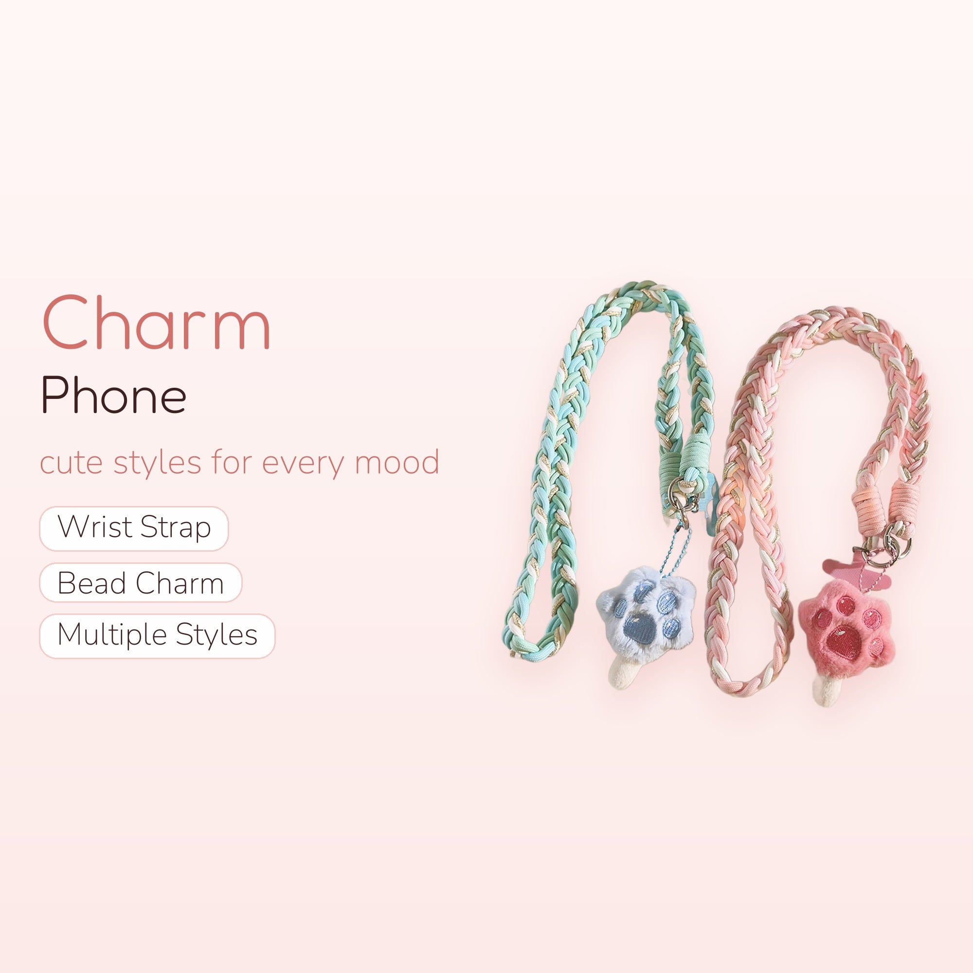 Braided Pastel Lanyard Phone Charm | Kawaii Paw Print Ice Cream Wrist Strap