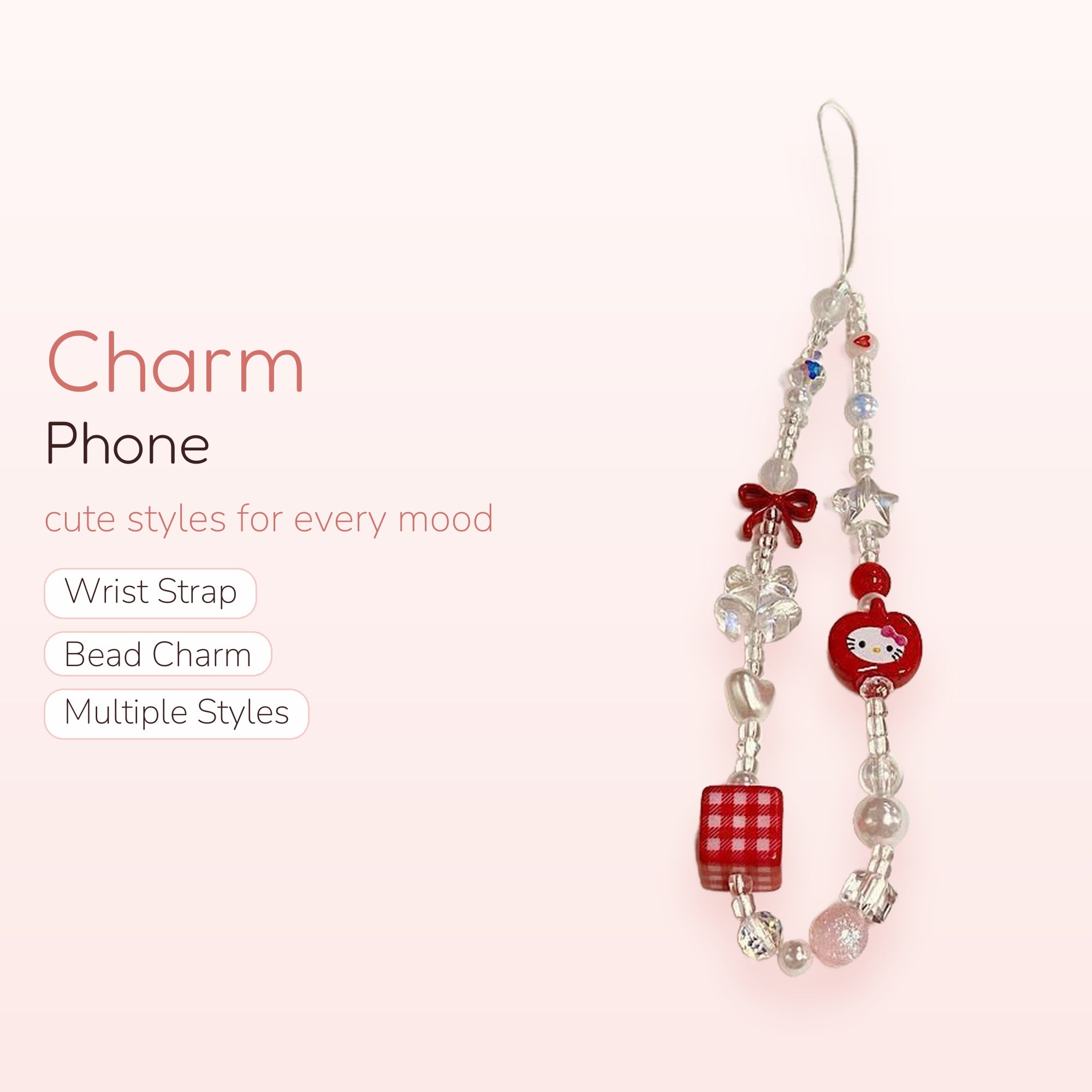 Kawaii Hello Kitty & Gingham Beaded Phone Charm | Red & White Aesthetic Wrist Strap