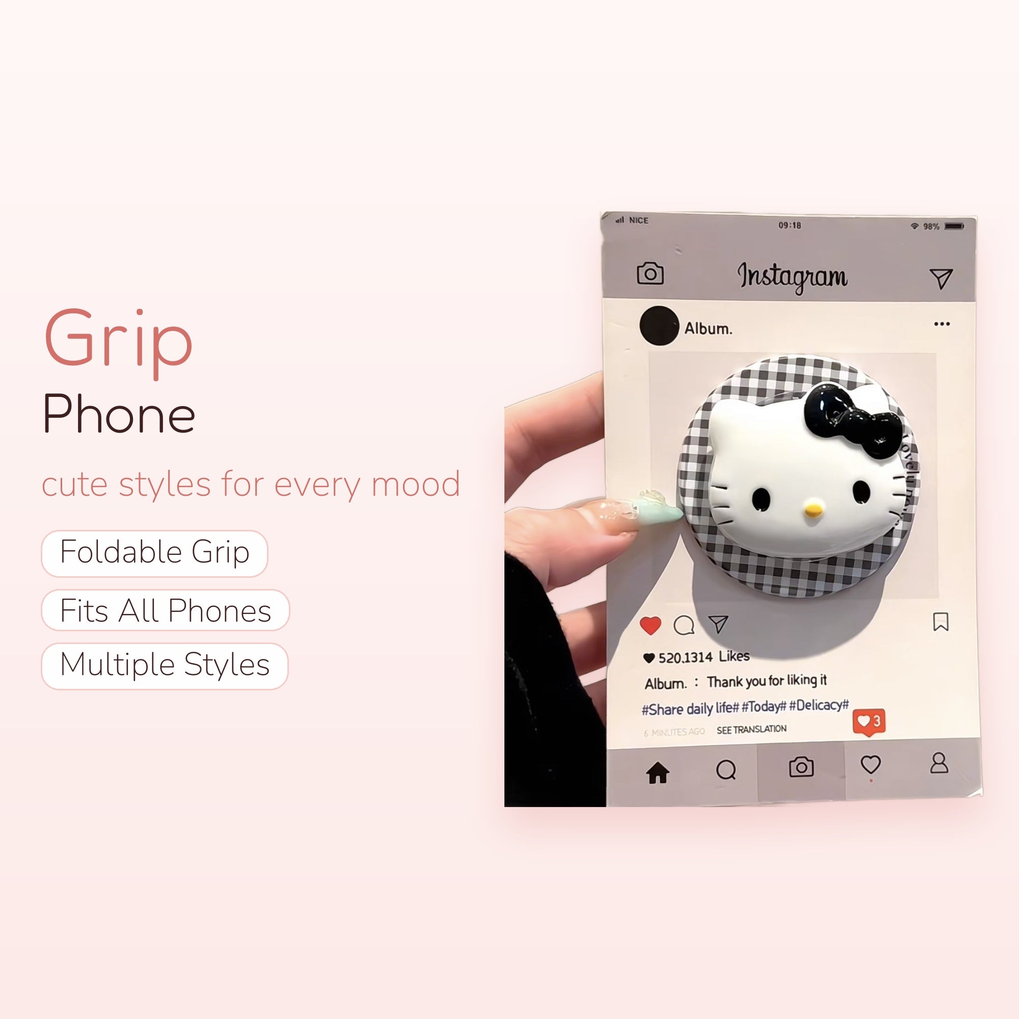 Hello Kitty Gingham Phone Grip | Kawaii Black & White Pop Socket Stand