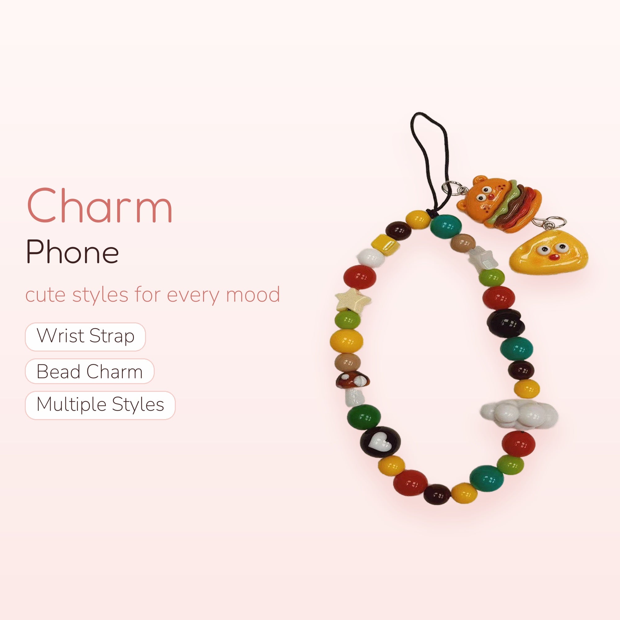 Cute Beaded Phone Charm Strap | Kawaii Mushroom Cloud Star Heart Burger Blob Wrist Lanyard
