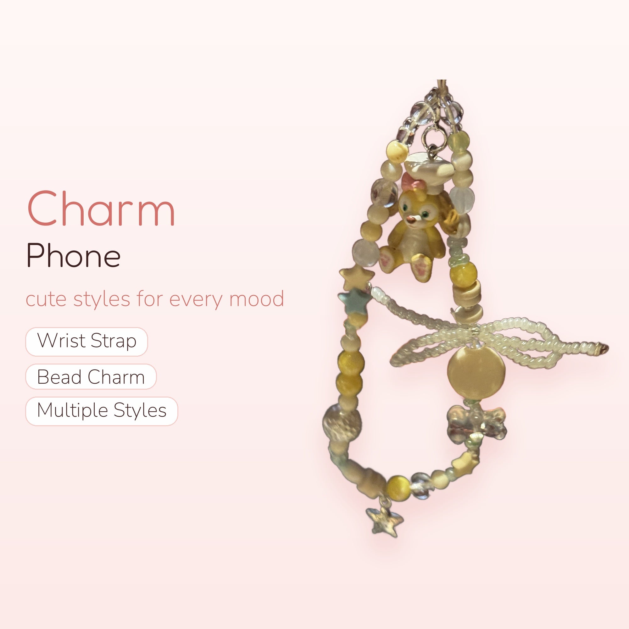 Cute Yellow & White Beaded Phone Charm | Pastel Star & Bunny Wrist Strap
