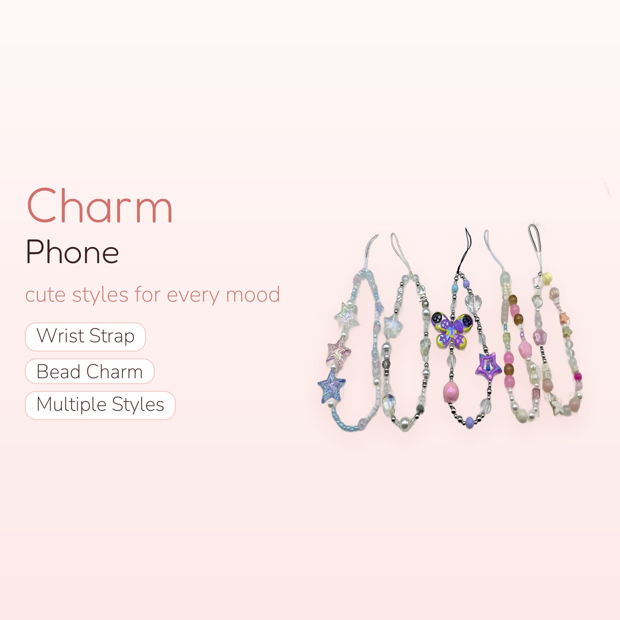 Y2K Beaded Phone Charm Straps | Pastel Star & Butterfly Wrist Lanyards