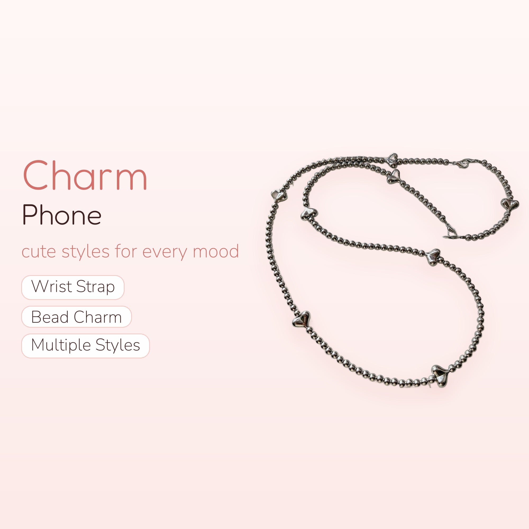 Aesthetic Silver Beaded Heart Phone Charm | Y2K Metallic Wrist Lanyard