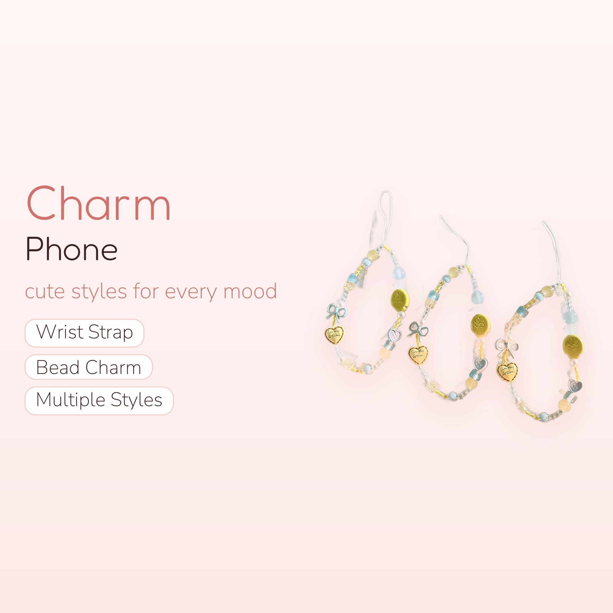 Kawaii Pastel Beaded Phone Charm Strap | Cute Yellow Smiley Face & Heart Lanyard