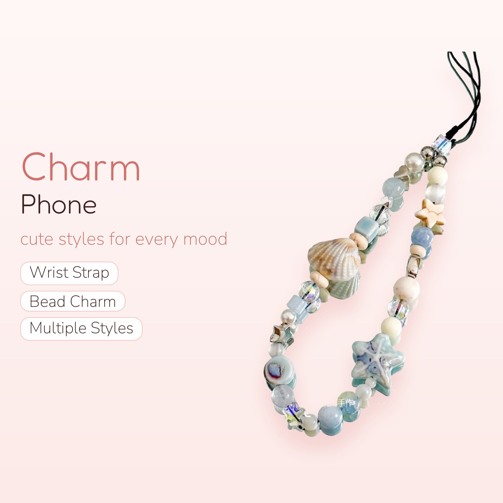 Ocean Blue Seashell & Starfish Phone Charm Strap | Aesthetic Beaded Wrist Lanyard
