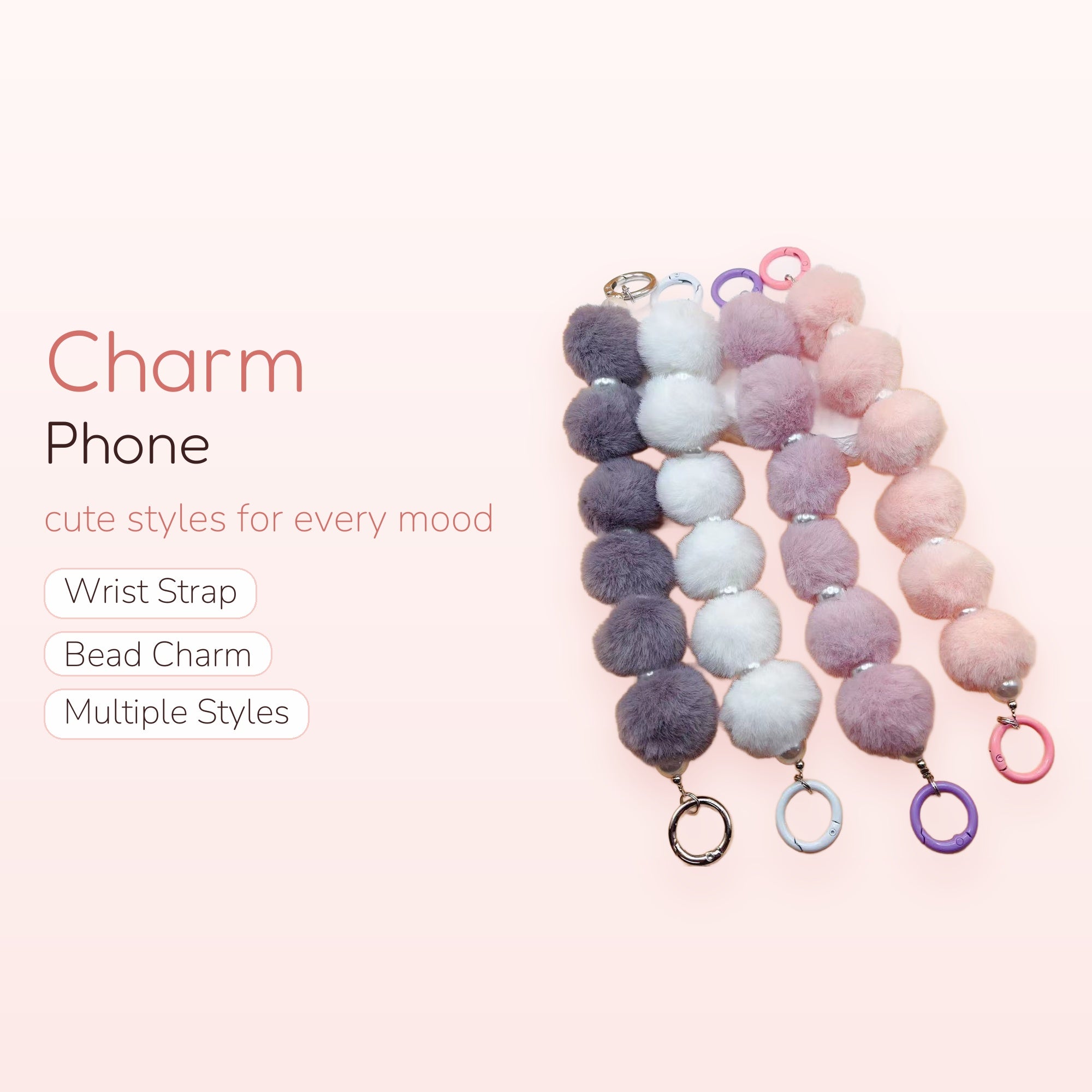 Fluffy Pom Pom Phone Charm | Pastel Faux Fur Pearl Keyring Lanyard