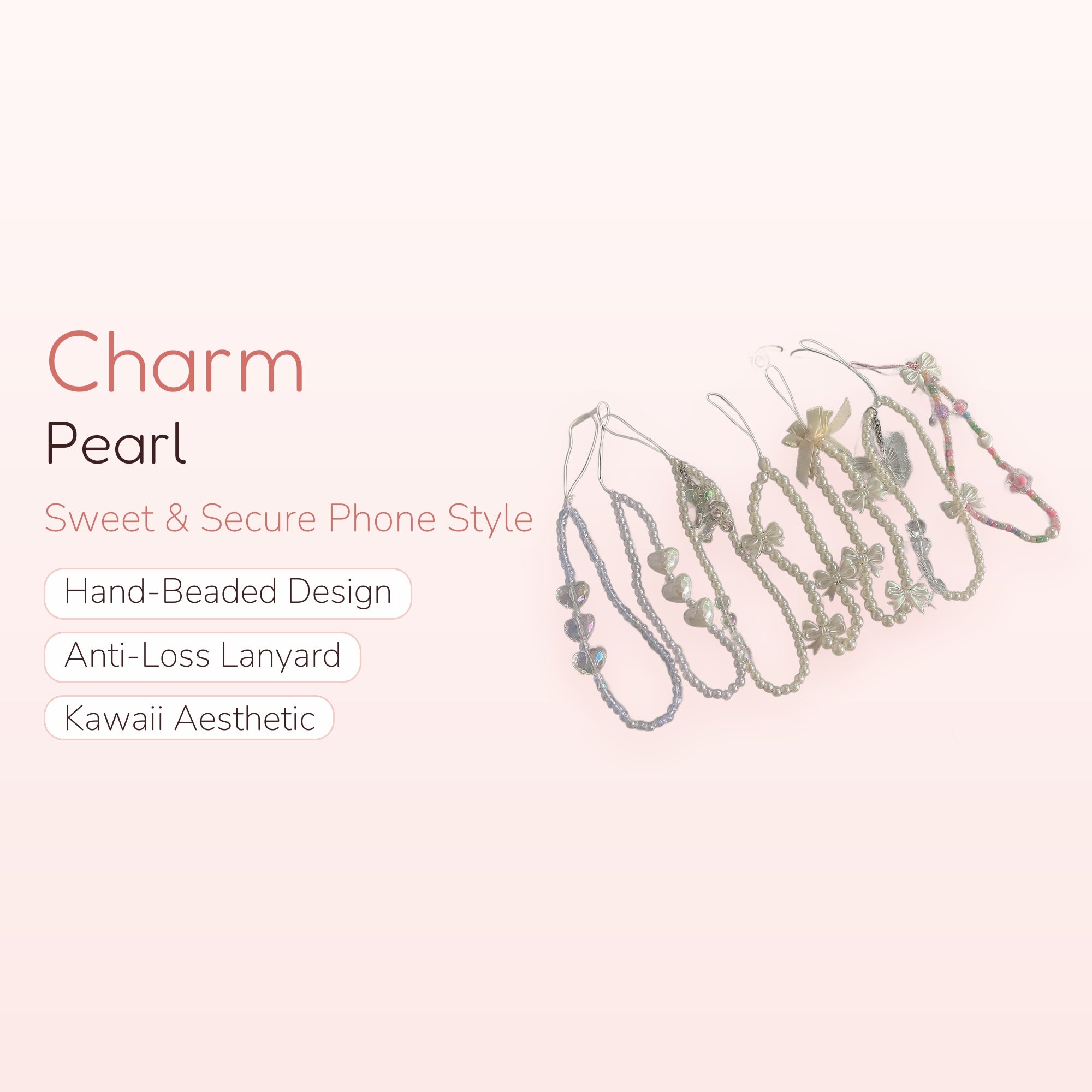 Kawaii Pearl & Crystal Phone Charm Strap | Cute Beaded Wrist Lanyard