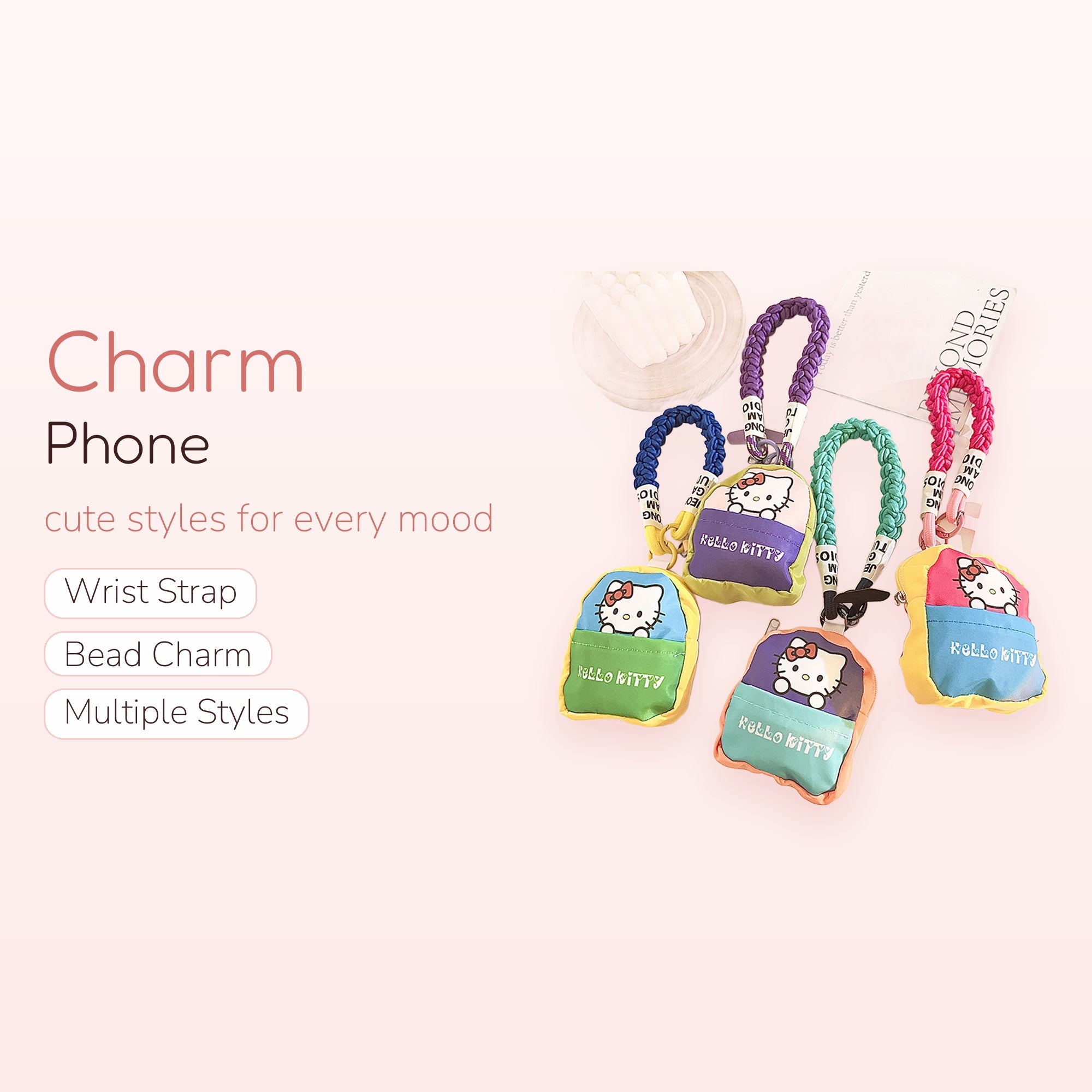 Kawaii Hello Kitty Mini Backpack Phone Charm | Colorful Braided Wrist Strap Lanyard