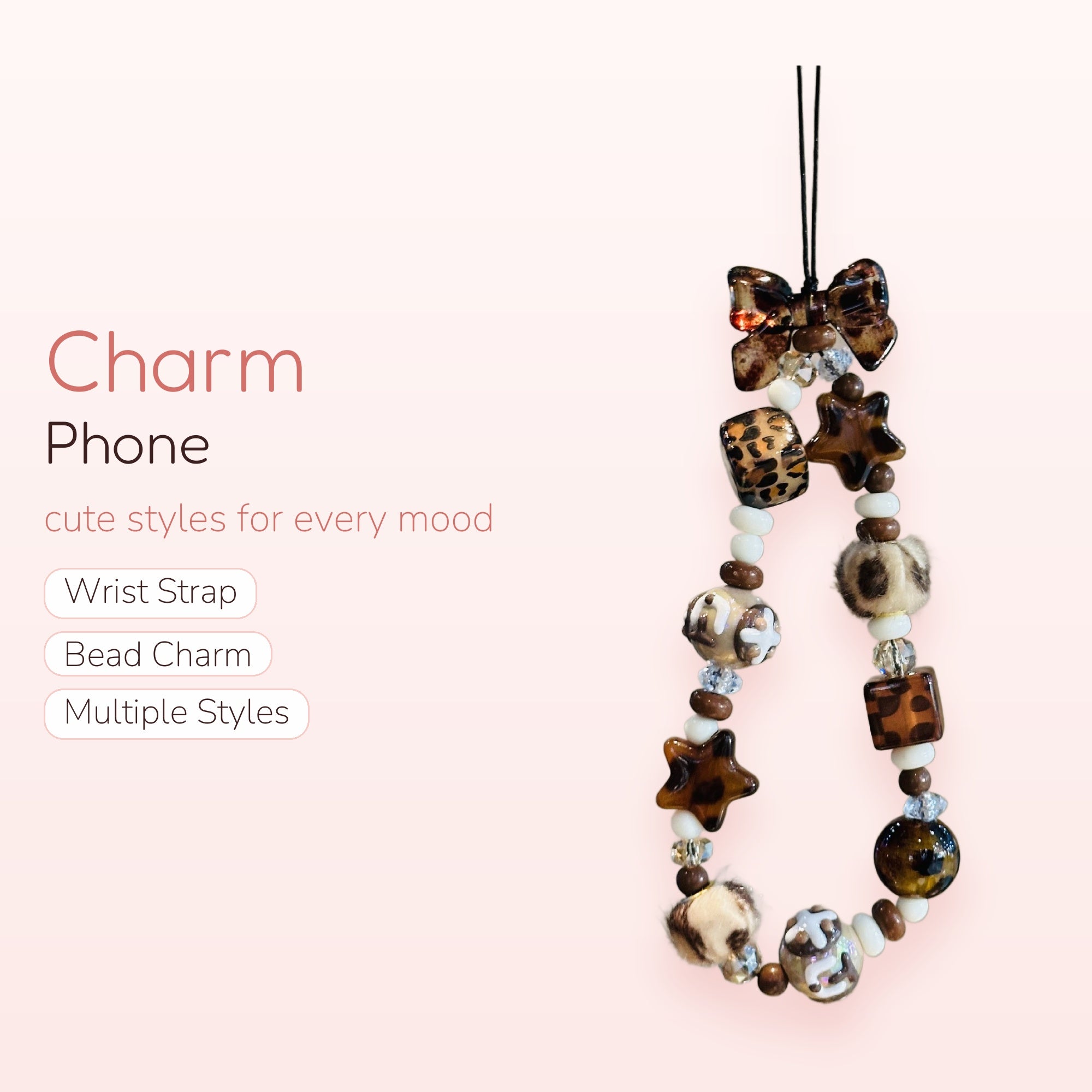 Leopard Print & Brown Star Phone Charm | Aesthetic Beaded Wrist Strap