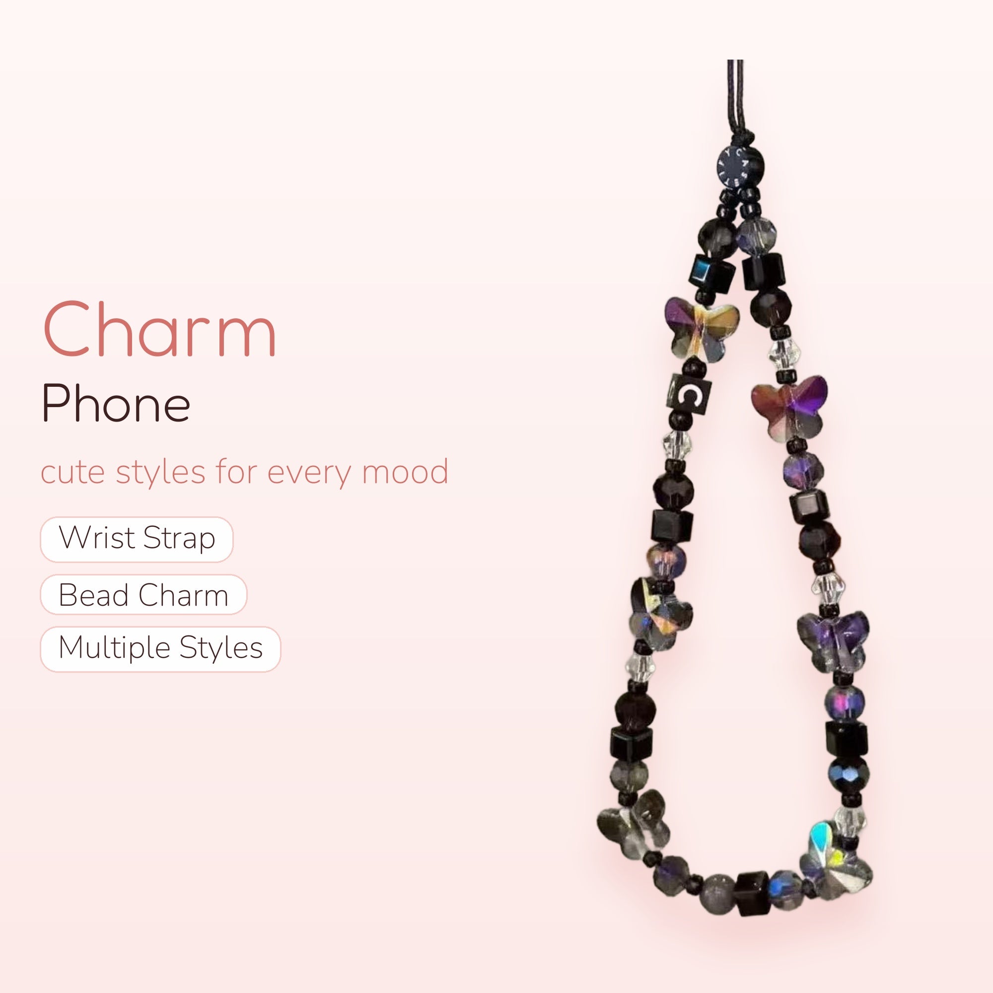Aesthetic Iridescent Butterfly Phone Charm | Dark Crystal Beaded Wrist Strap