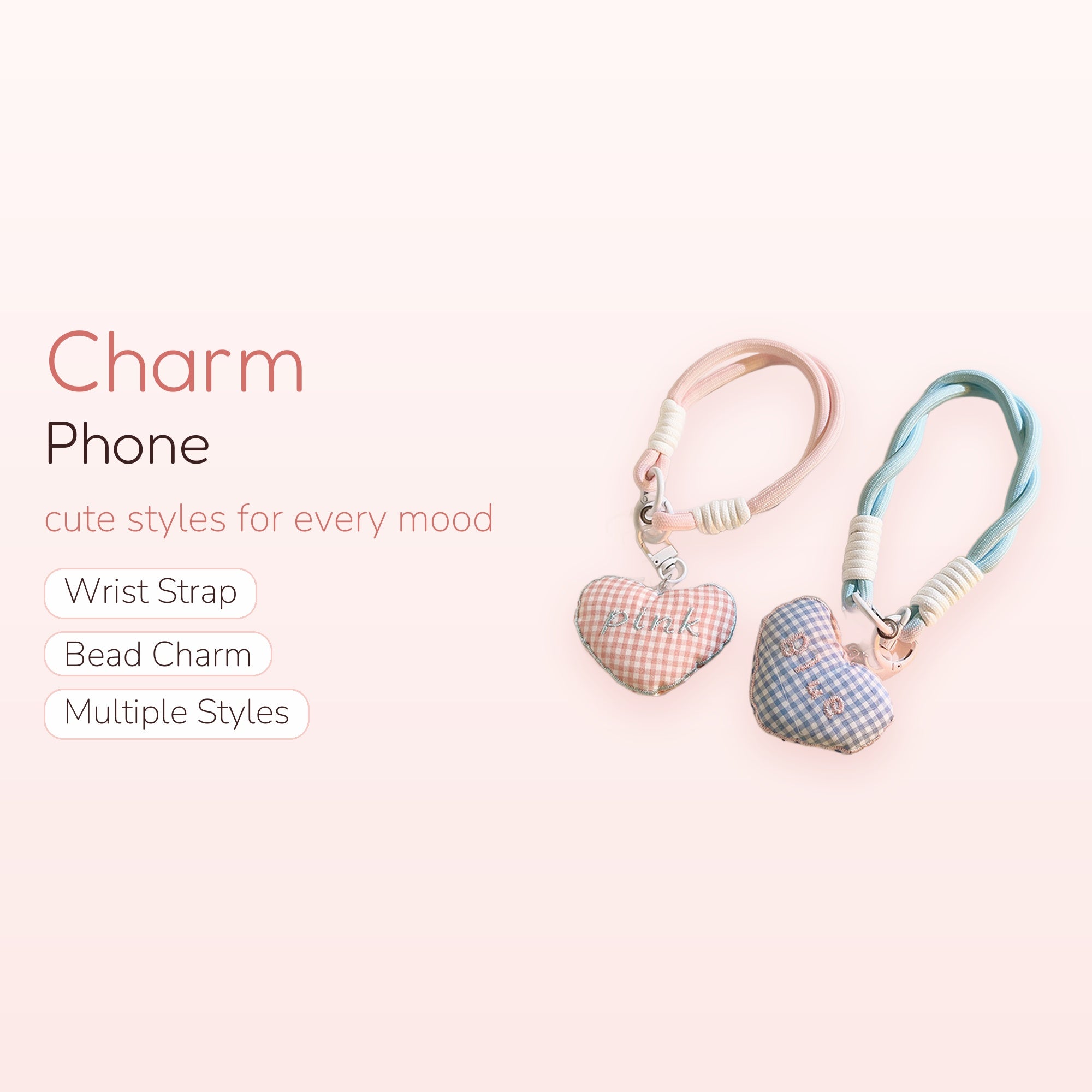 Pastel Gingham Heart Phone Charm Strap | Cute Padded Wrist Lanyard