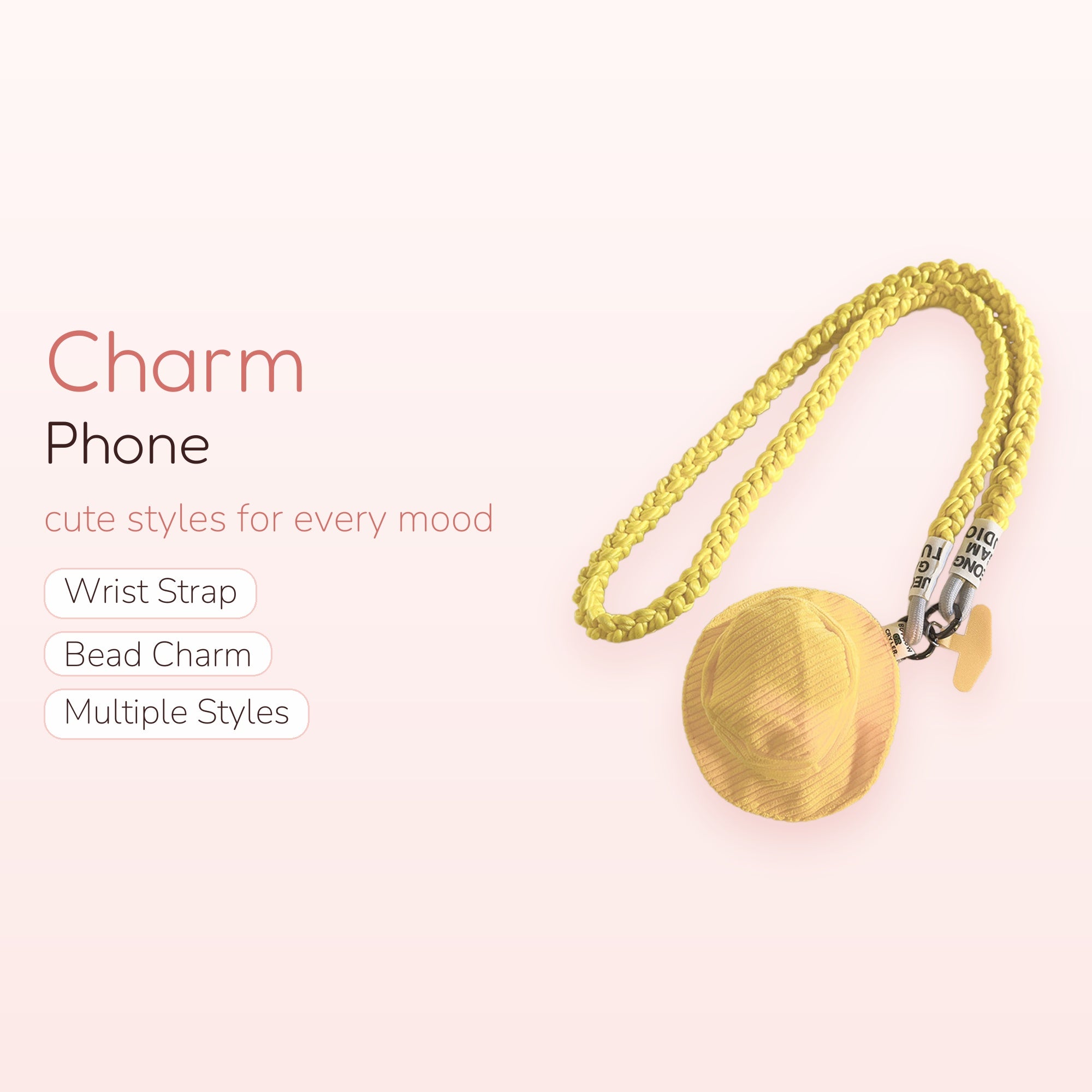Braided Yellow Lanyard Phone Charm | Cute Mini Bucket Hat Keychain