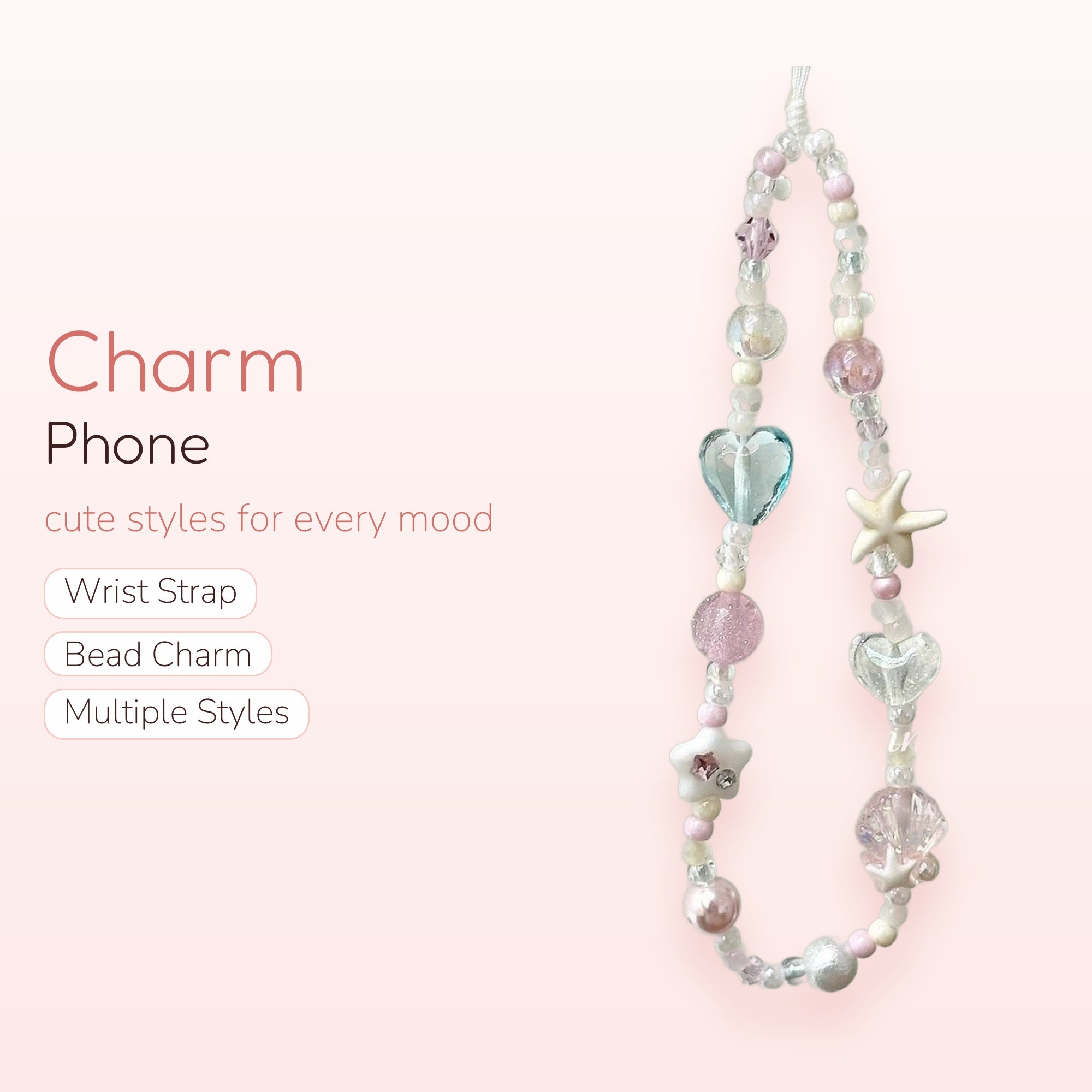 Pastel Beaded Phone Charm | Kawaii Pink & Blue Heart Starfish Wrist Strap